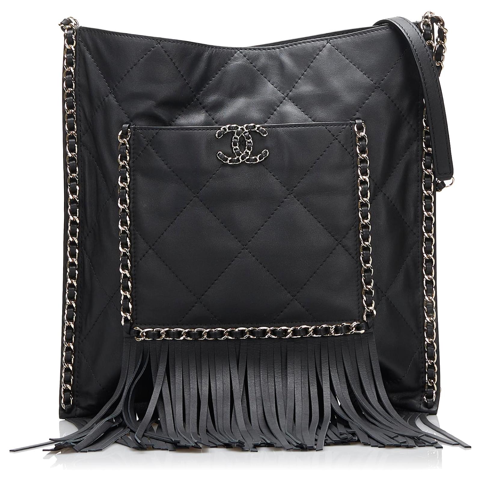 CHANEL Black Leather Fringe Handbag