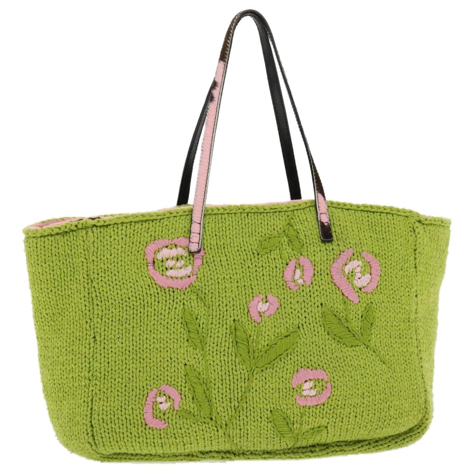 FENDI Floral Tote Bag Wool Harako Leather Green Pink Auth yk6518