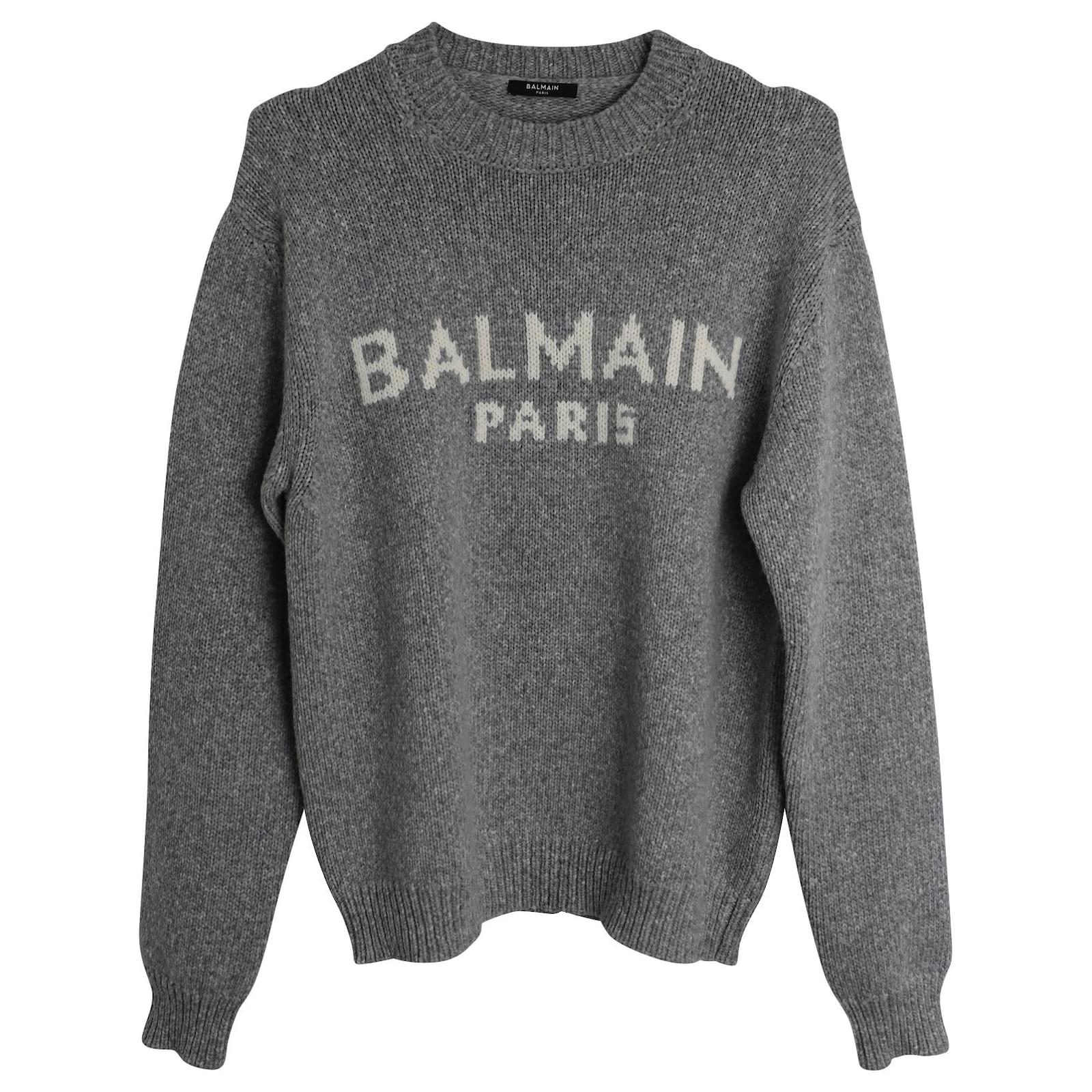 Balmain Logo Crewneck Sweater in Grey Merino Wool ref.JC891566