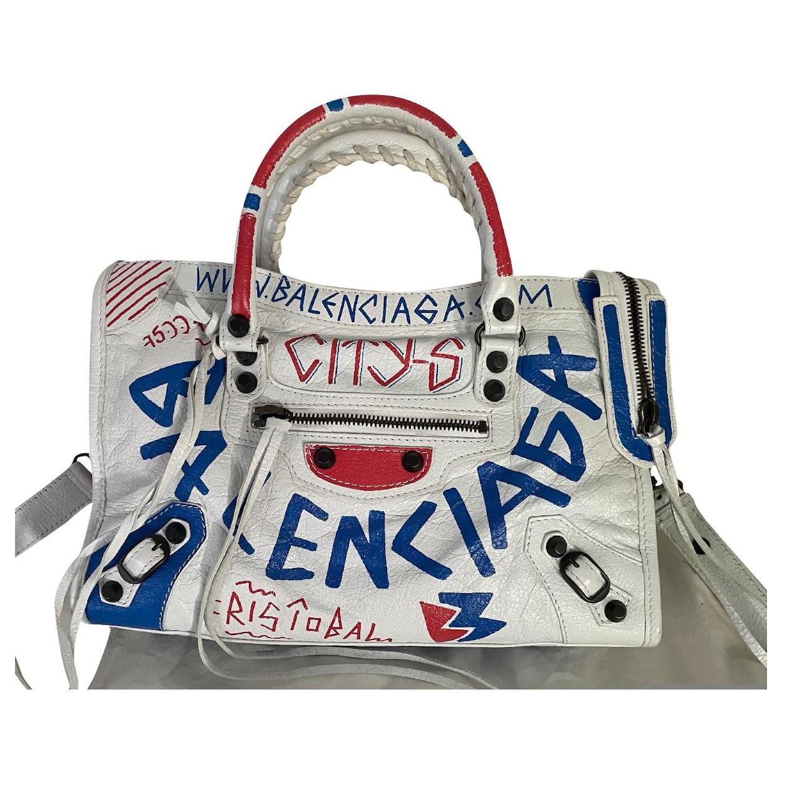 Balenciaga City Bag White Leather Red and Blue Graffiti ref.894382