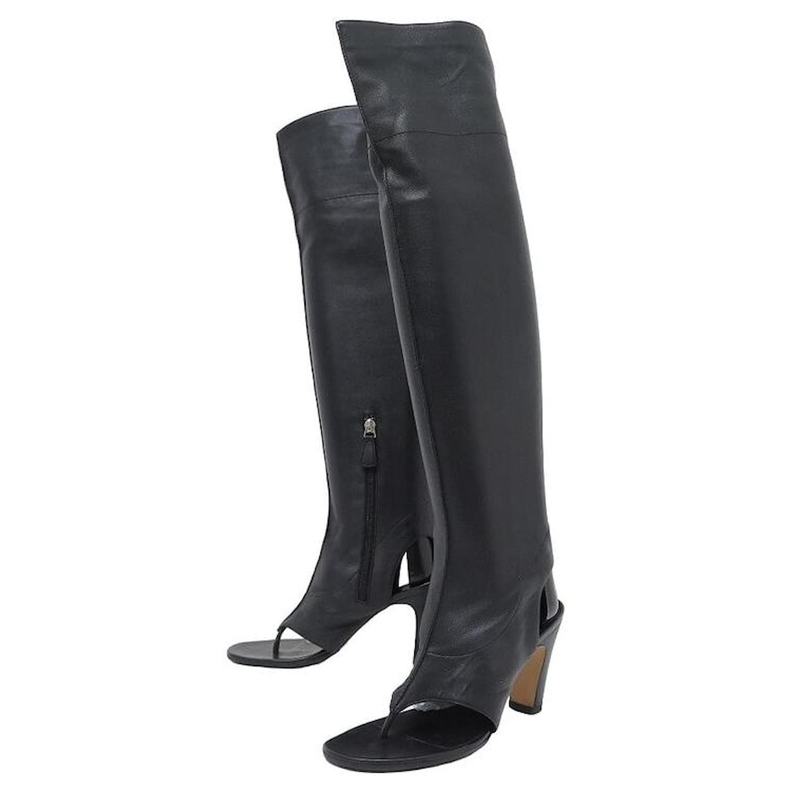 NEW CHANEL LOGO RUNWAY OVER THE KNEE G BOOTS28185 37 LEATHER SHOES BOOTS