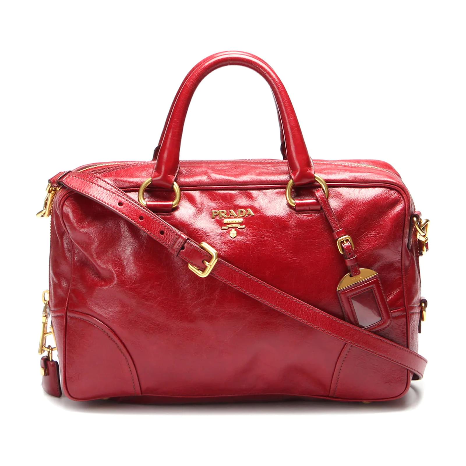 Prada Vitello Shine Bauletto Bag Red Leather Pony-style calfskin