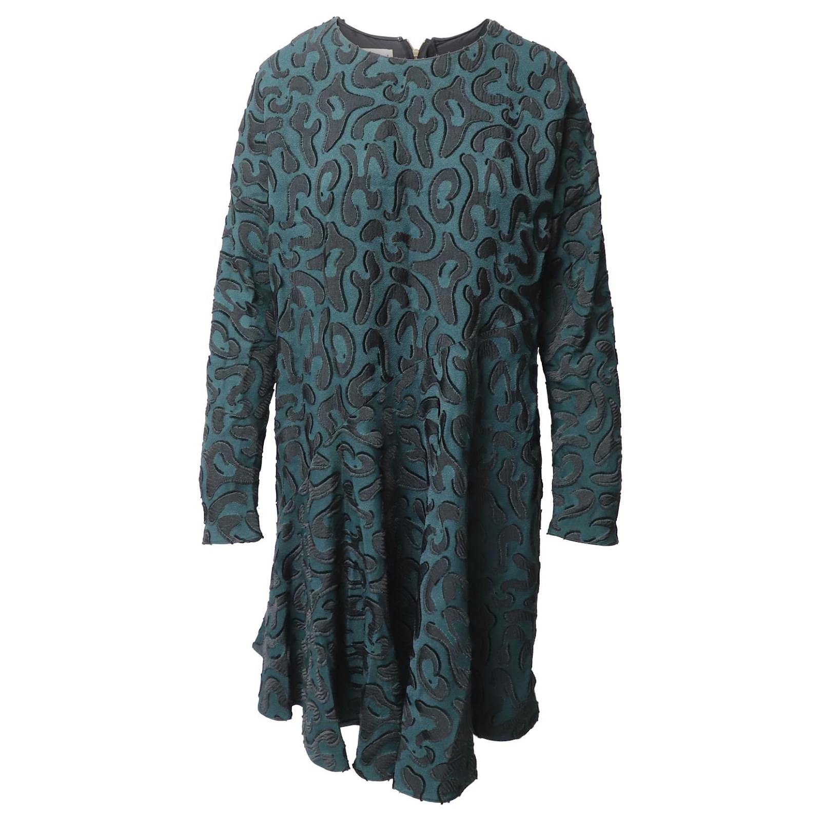Marni Fluted Shift Dress in Green Cotton Blend Joli