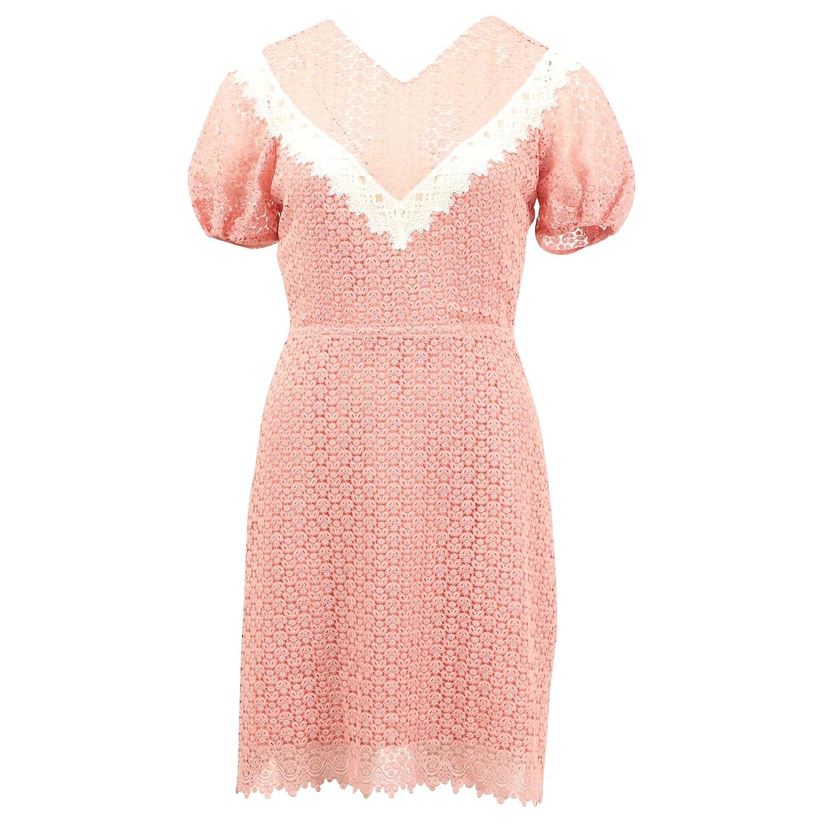 Sandro Paris Gavin Two-Tone Puff Sleeve Lace Dress in Pink