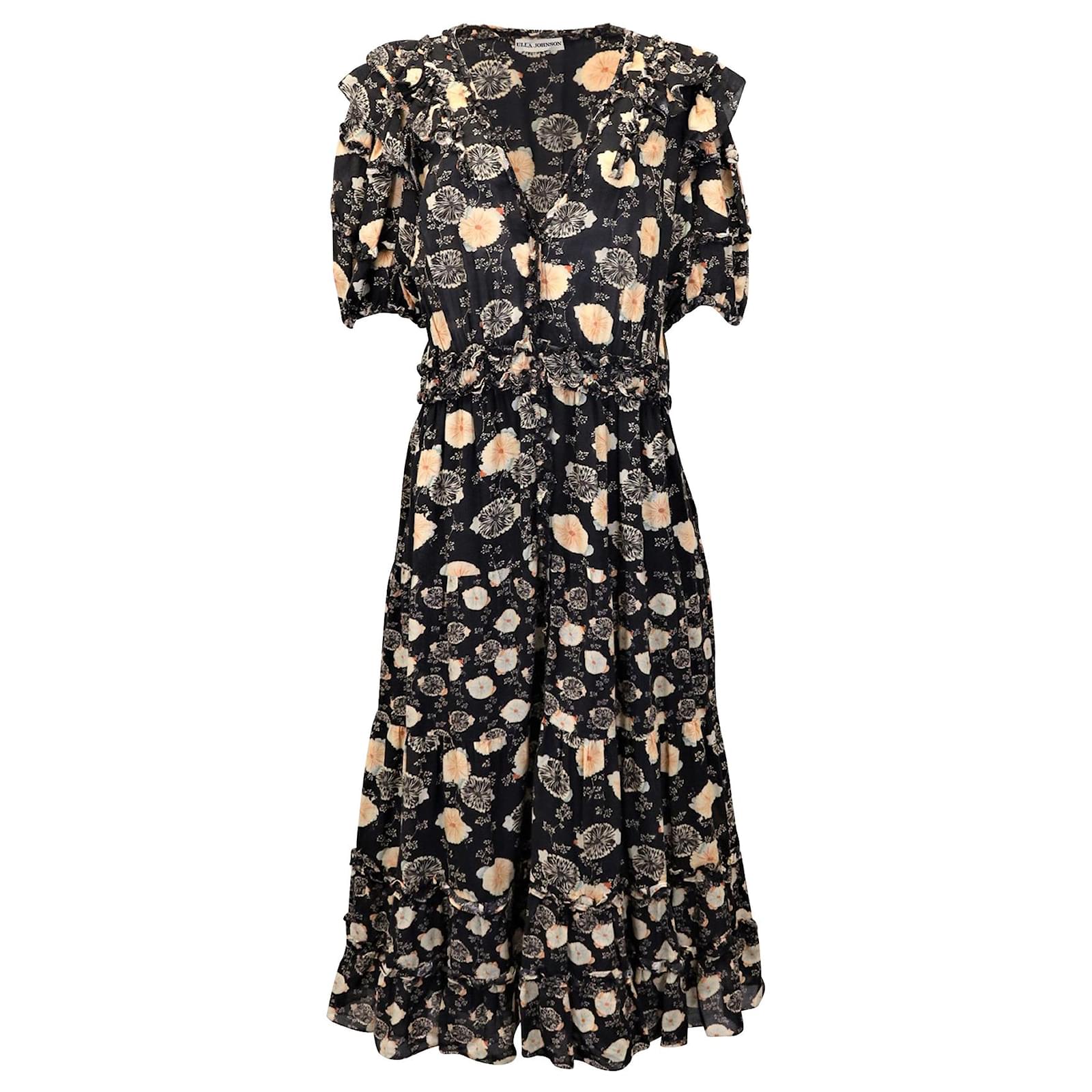 Ulla Johnson Irvette Ruffled Midi Dress in Floral Black Cotton ref ...