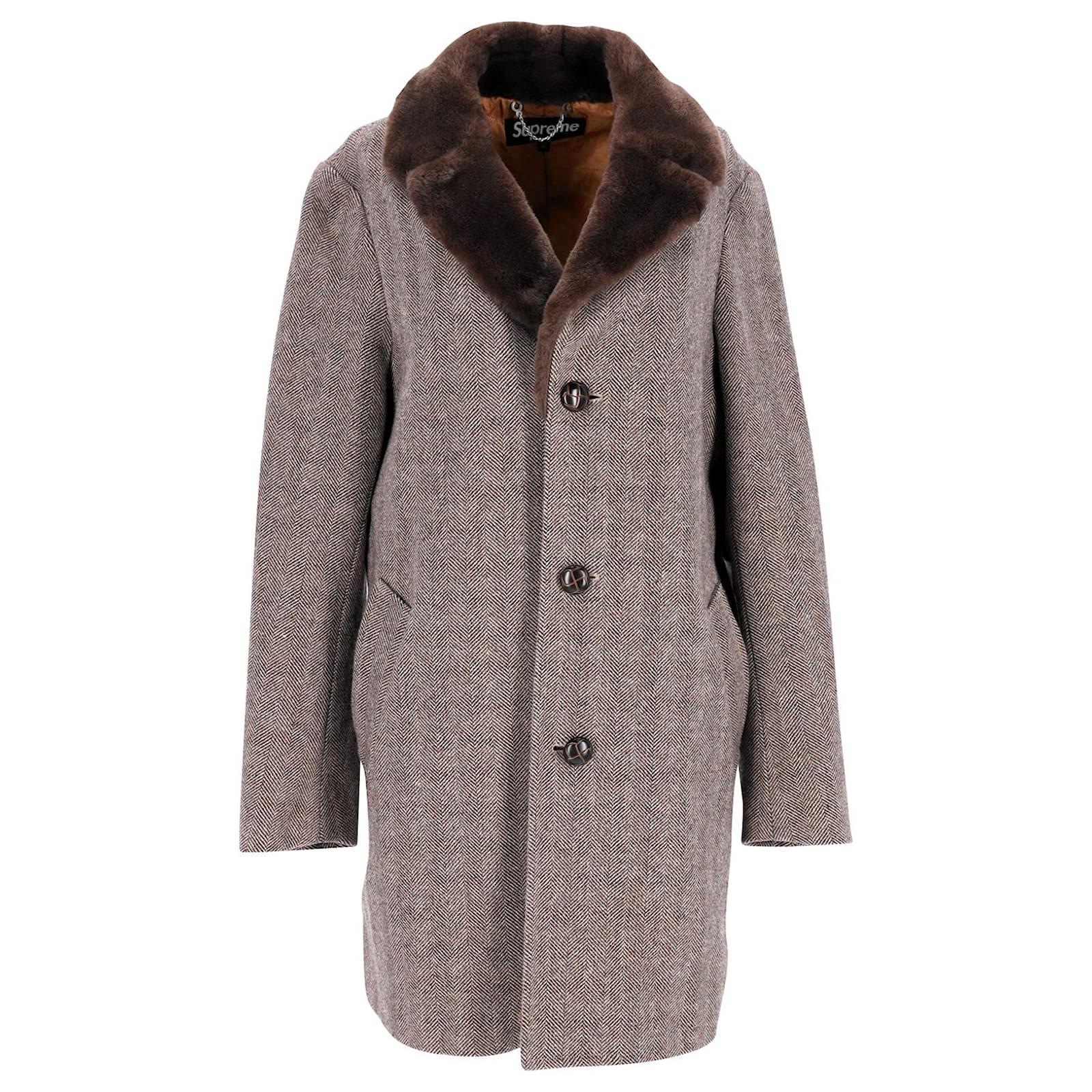 Supreme F/W 2015 Fur Collar Herringbone Coat in Brown Wool