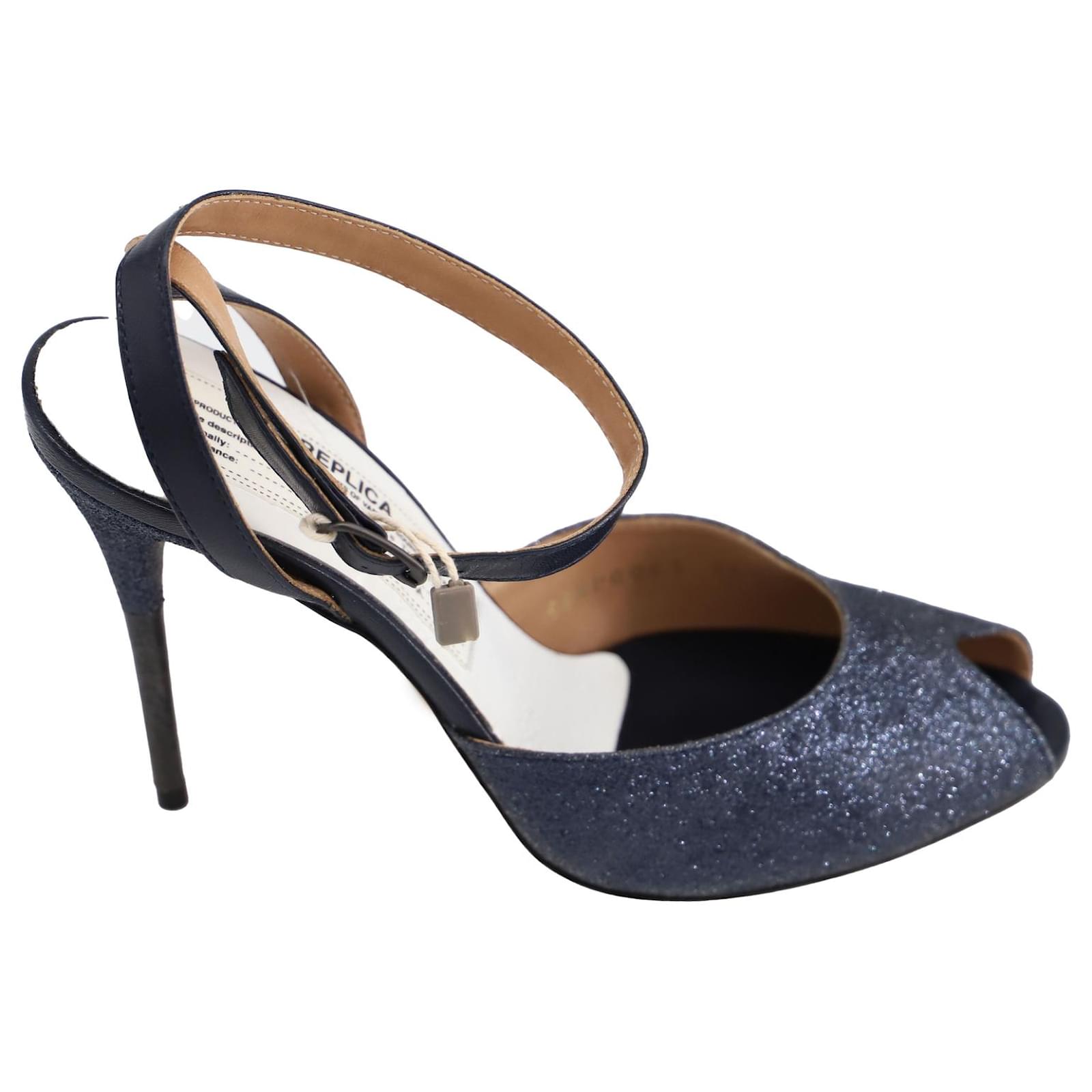 Maison Martin Margiela Peep Toe Heels in Navy Blue Glitter ref