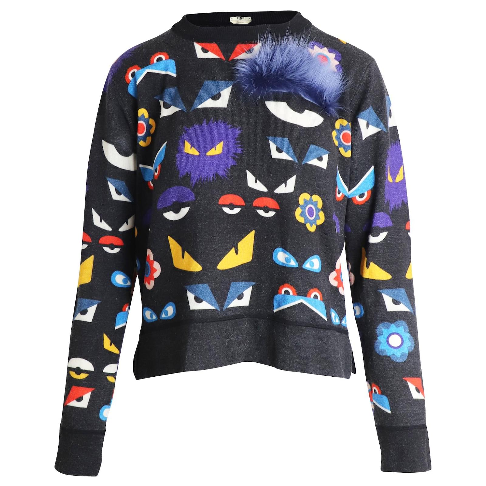 Arving Egypten Fare Fendi Monster Bug Eye Fur-Trimmed Sweater in Black Wool Multiple colors  ref.899866 - Joli Closet