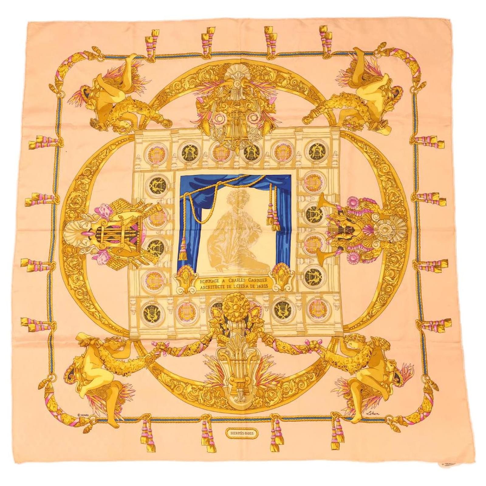 HERMES CARRE 90 HOMMAGE A CHARLES GARNIER Scarf Silk Pink Yellow Auth am4250