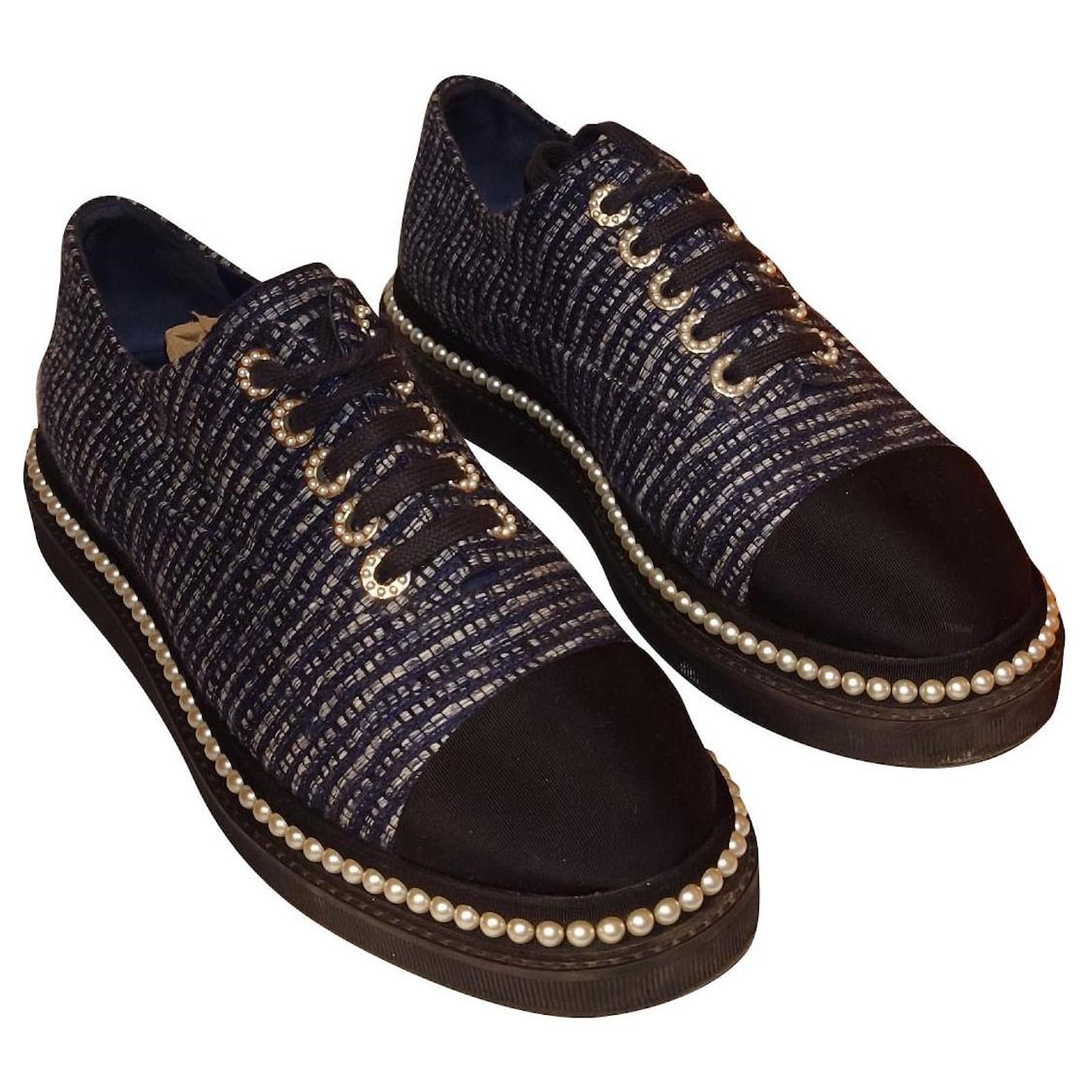 Chanel Tweed Lace Up Sneaker Blue Flat Size 38.5 US 8.5 UK 5.5 AU 7.5