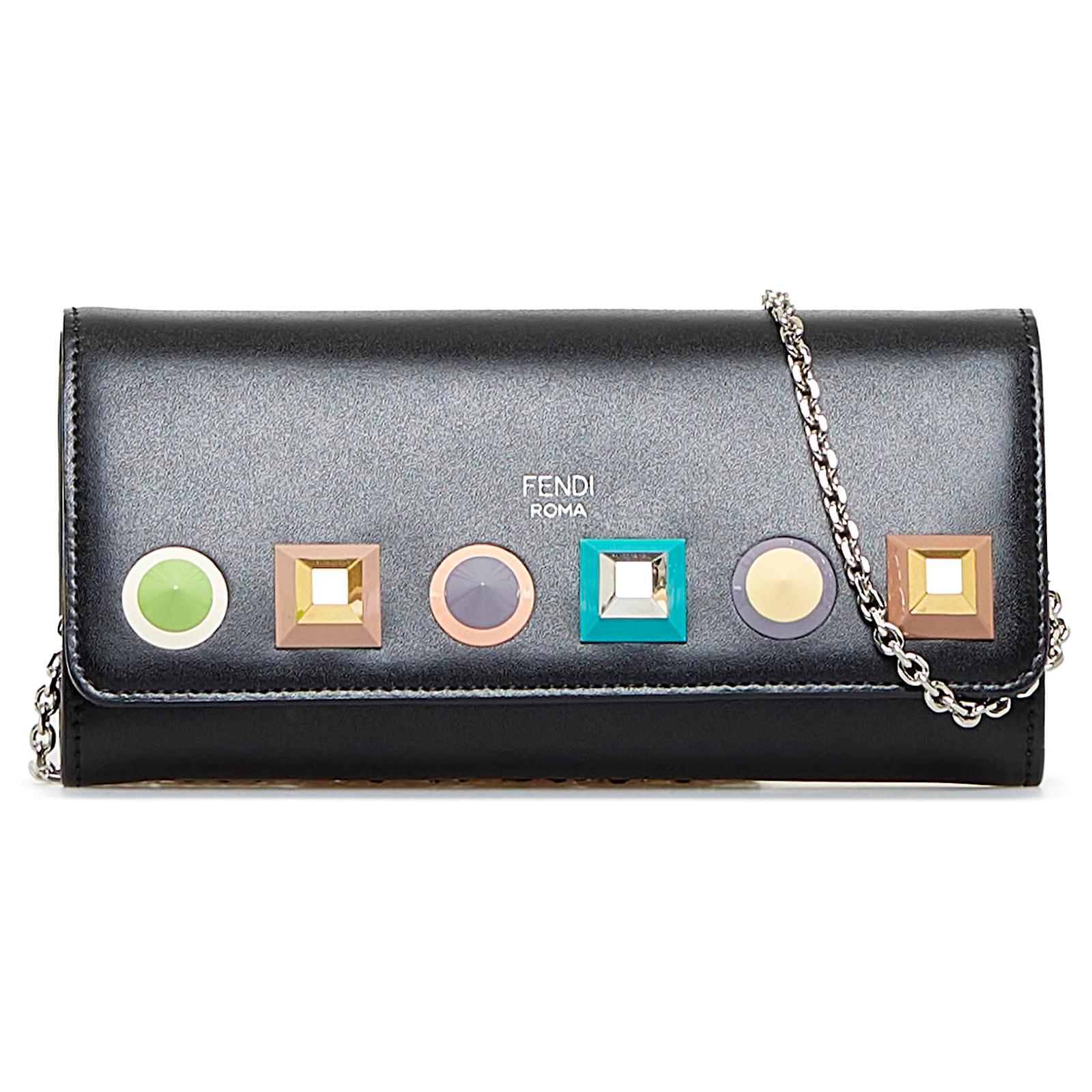 Fendi - Black Leather Studded Chain Continental Wallet