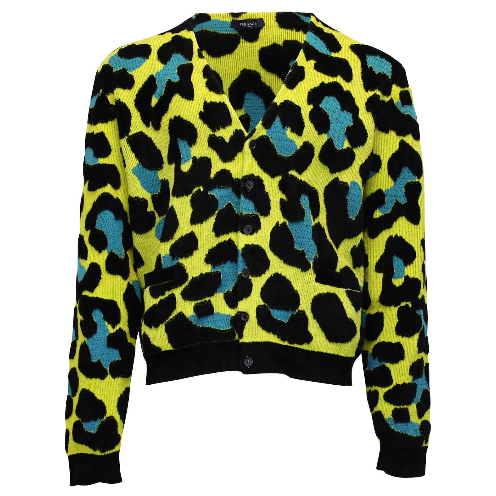 Versace Leopard-Print V-neck Cardigan in Yellow Viscose Cellulose