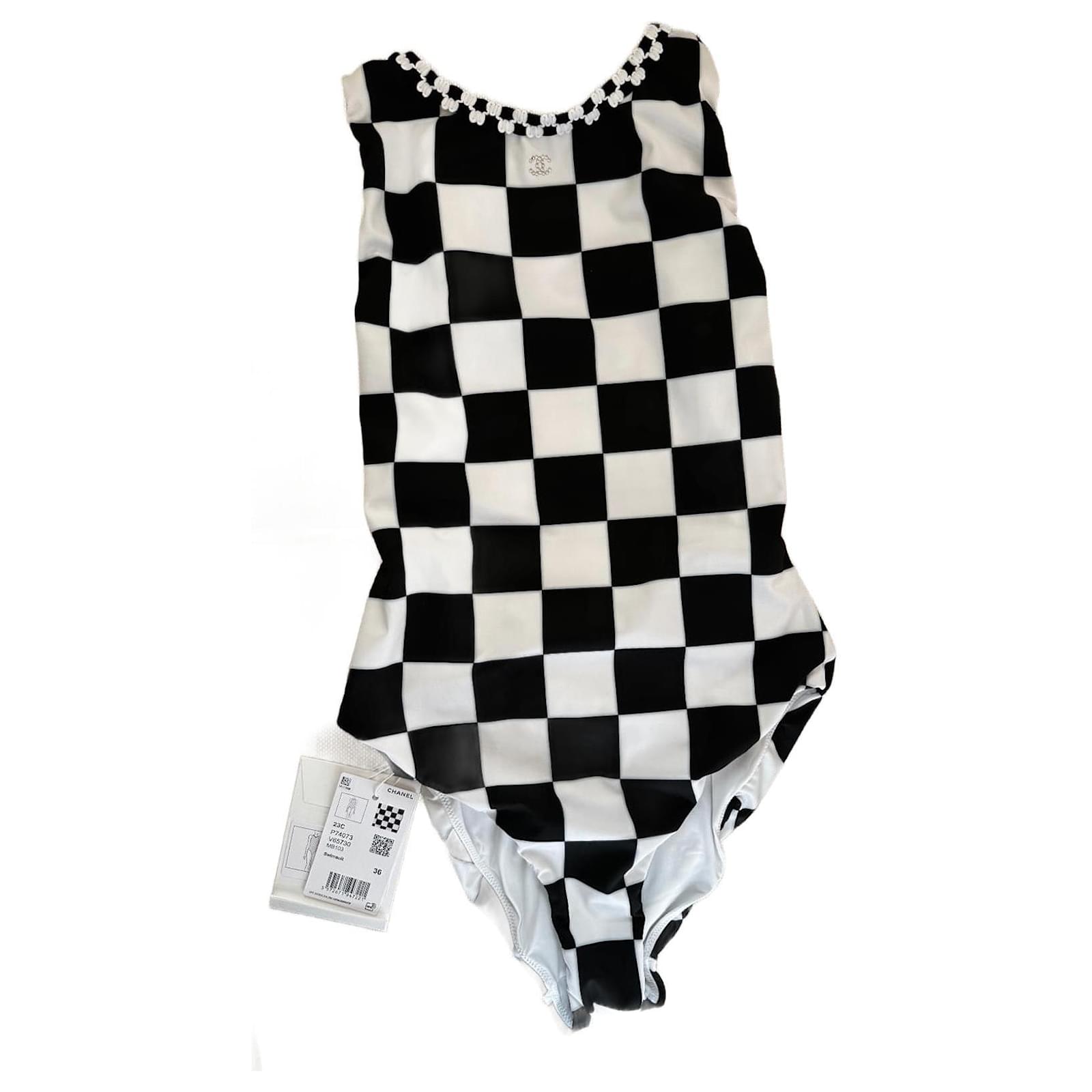 Chanel Runway One-Piece Checkered Swimsuit Black Polyester ref