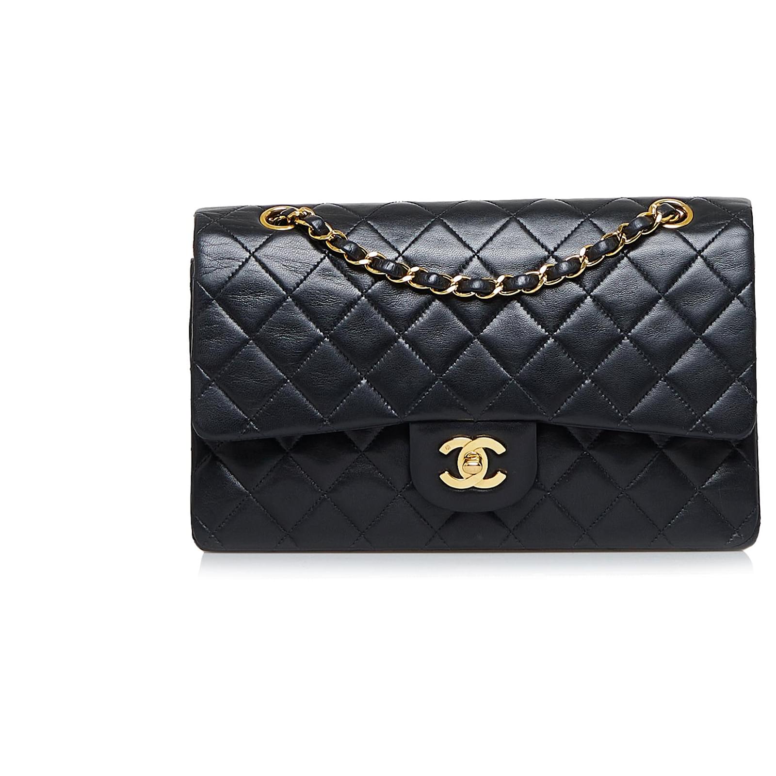 Pre-Owned Authenticated Chanel Small Classic Lambskin Double Flap Bag  Leather Black Shoulder Bag Women (Good) 