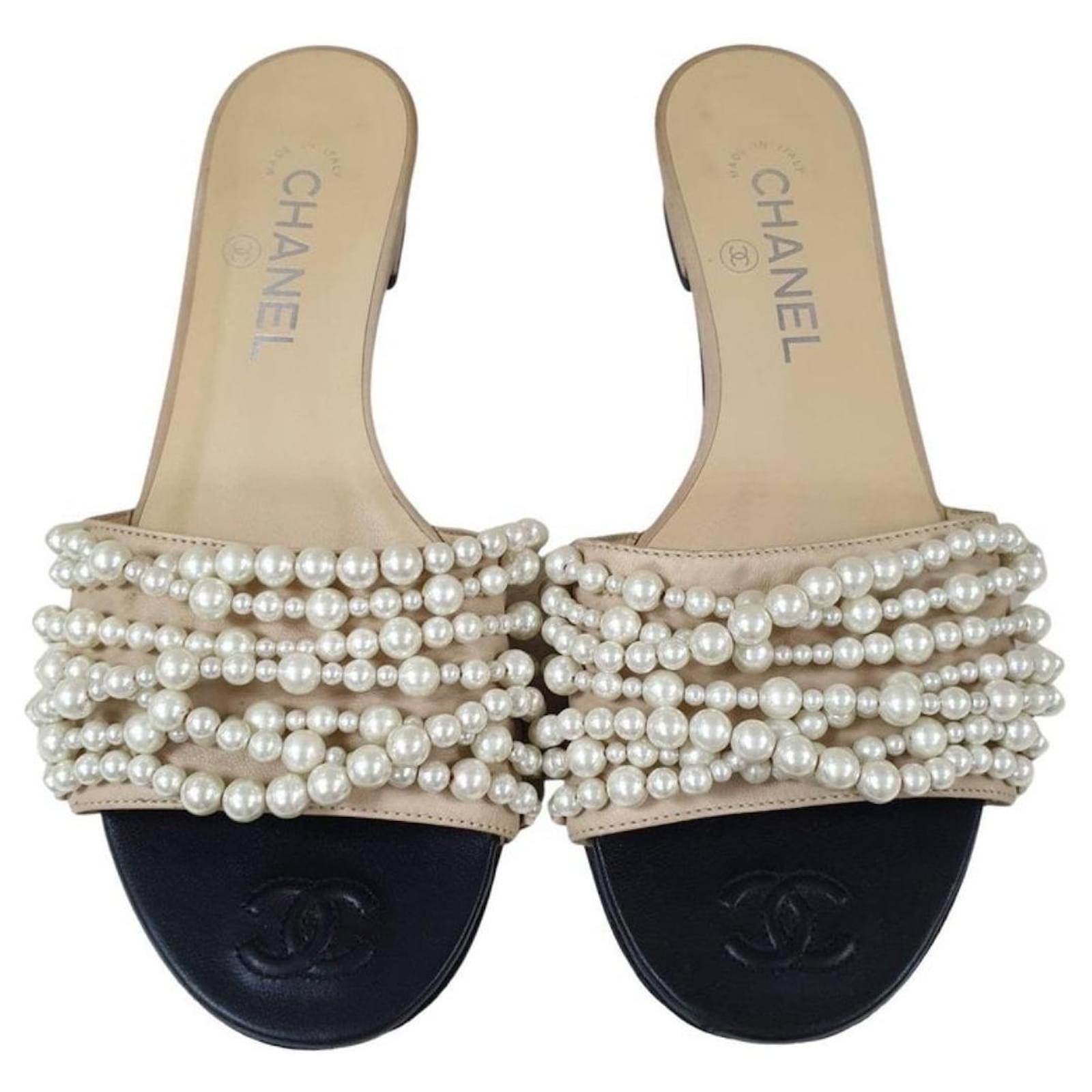 Chanel Beige CC Logo Pearl Mule Sandals Flip Flops Leather ref