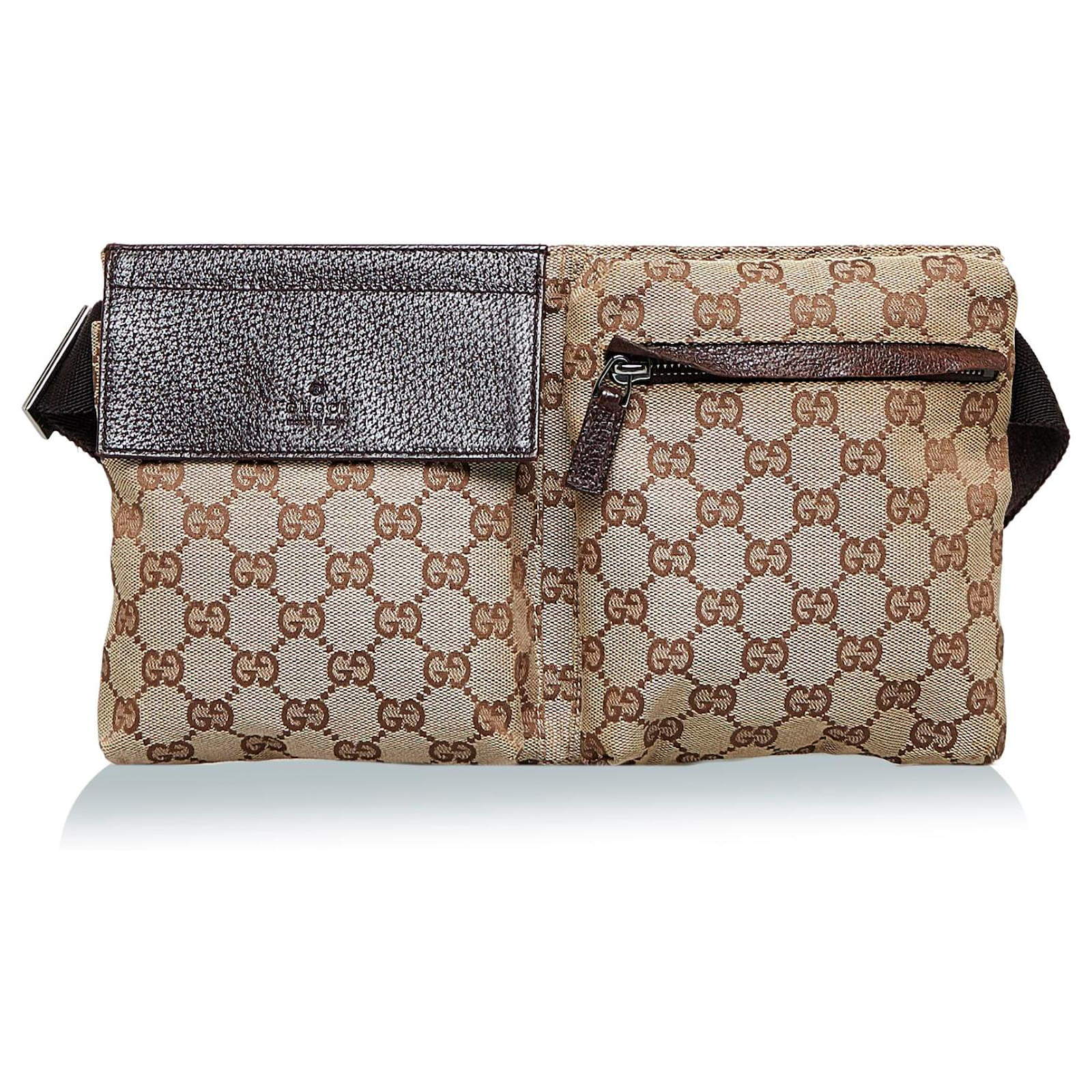 Gucci Brown GG Canvas Double Pocket Belt Bag Beige Cloth Cloth ref