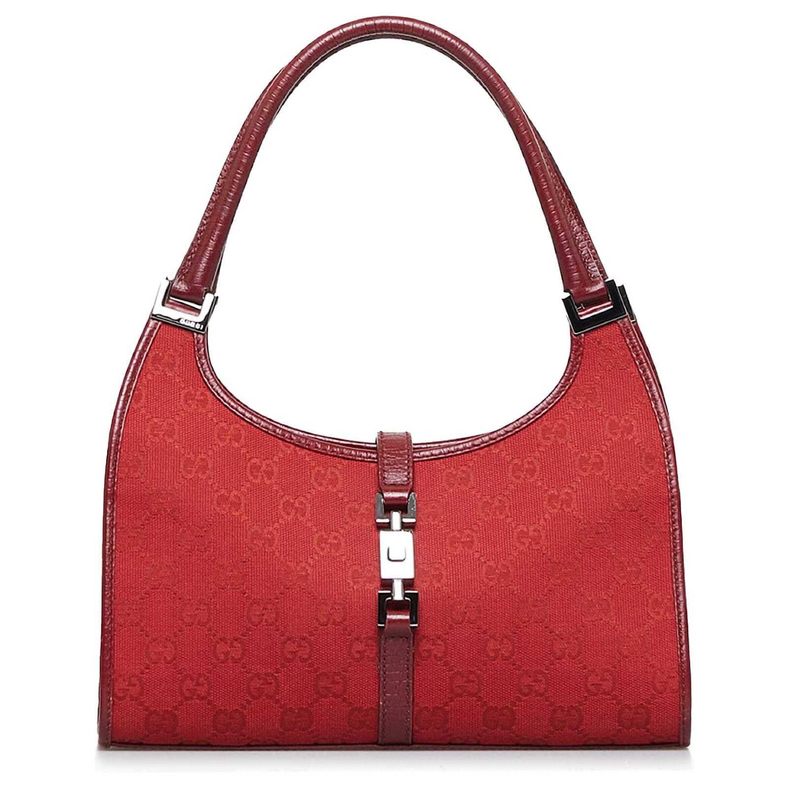 Gucci Red GG Canvas Jackie Bardot Rot Leder Leinwand Kalbähnliches 