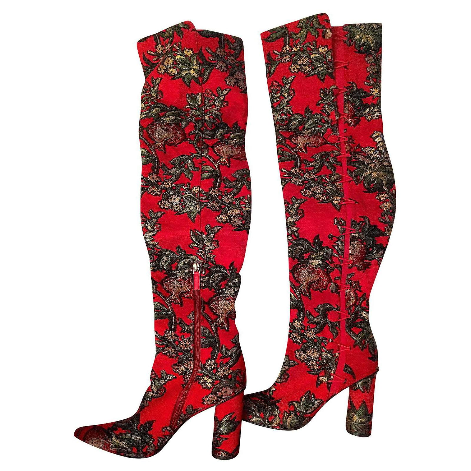 OSCAR DE LA RENTA Red Floral Embroidered THIGH-HIGH BOOTS Multiple ...