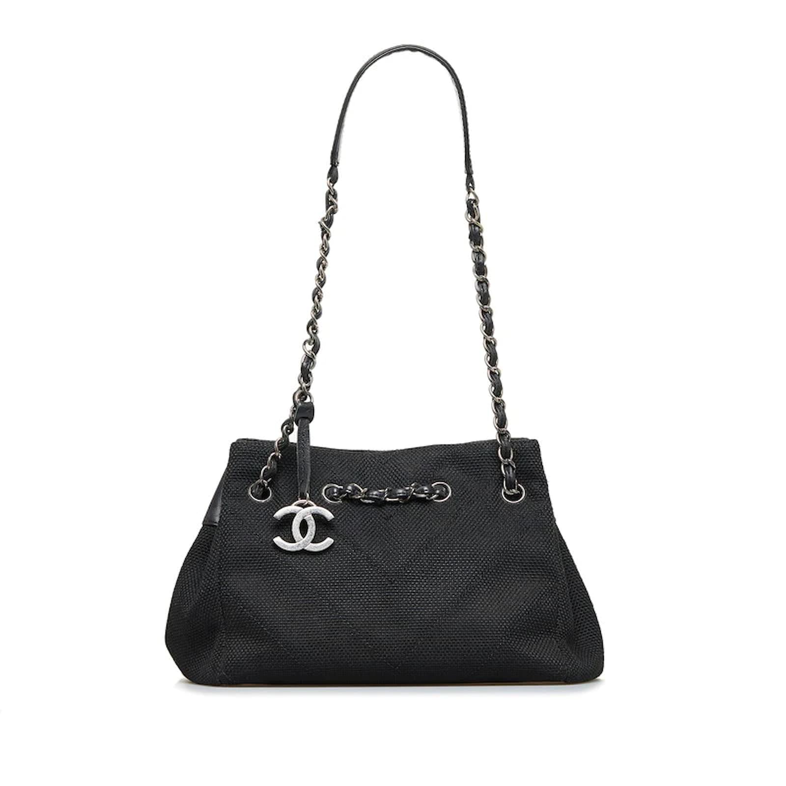 Chanel Chevron Canvas Chain Shoulder Bag Black Cloth Pony-style