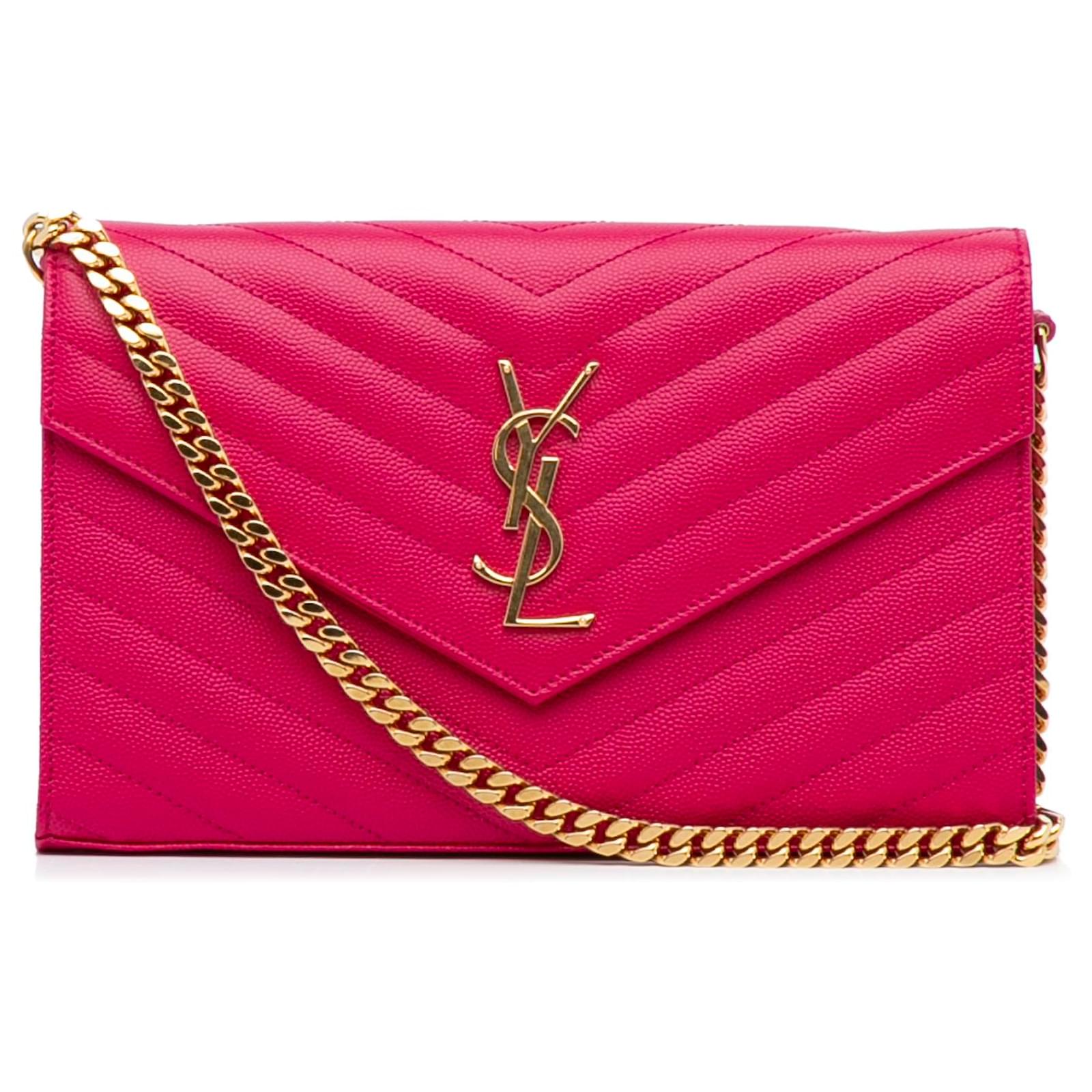Saint Laurent Pink Monogram Matelasse Chevron Wallet on Chain Leather ...