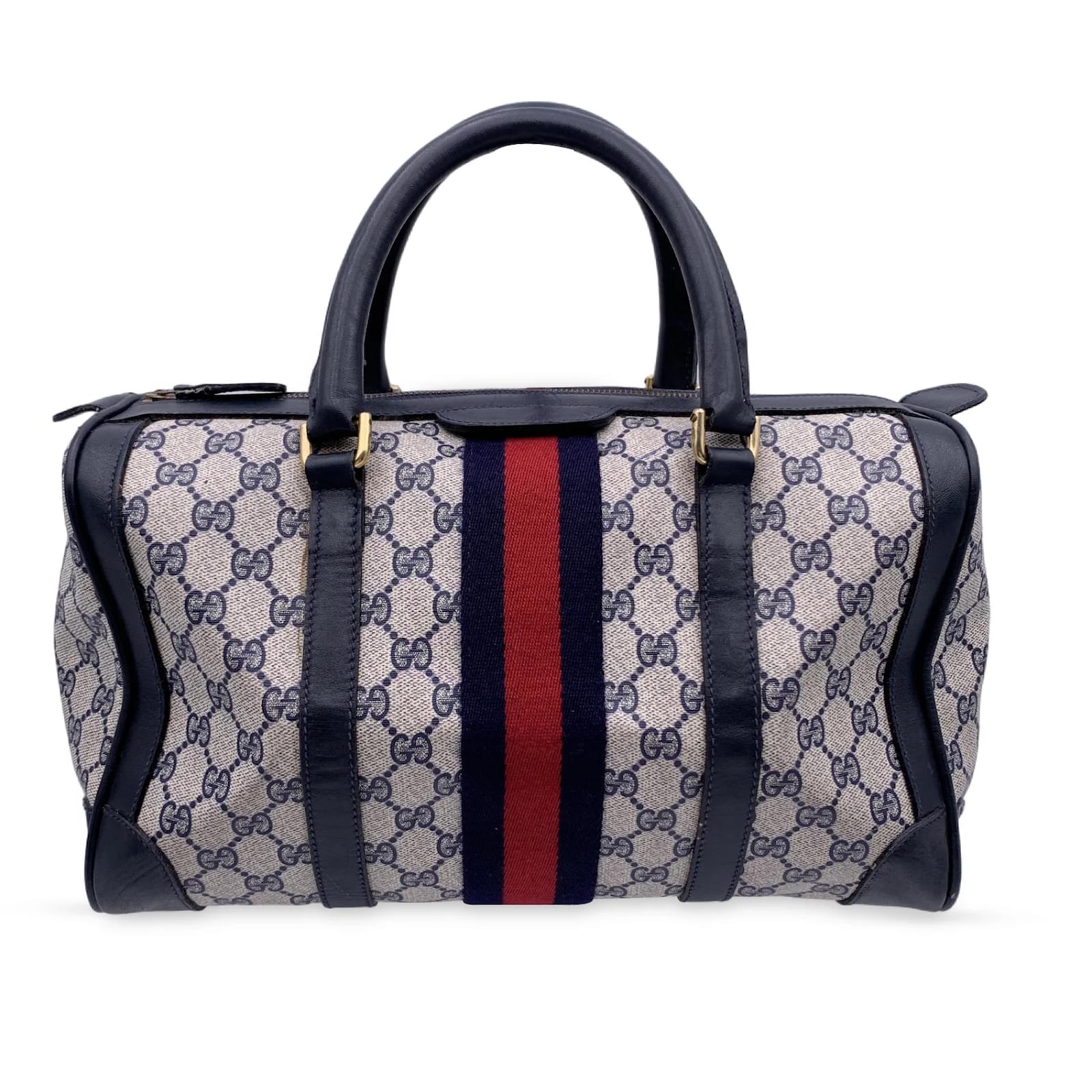 Gucci Navy GG Supreme Canvas & Leather Boston Bag in Blue