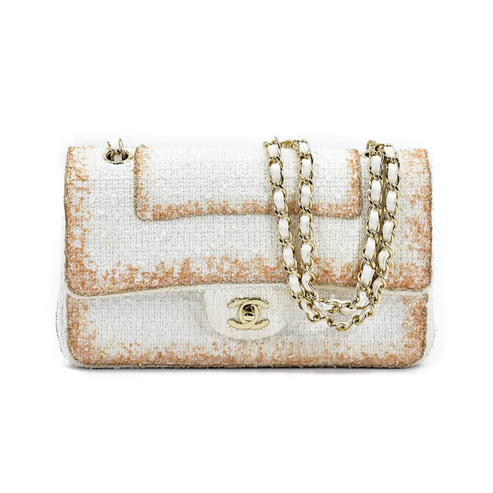 Chanel Medium Classic Double Flap Tweed Shoulder Bag in White