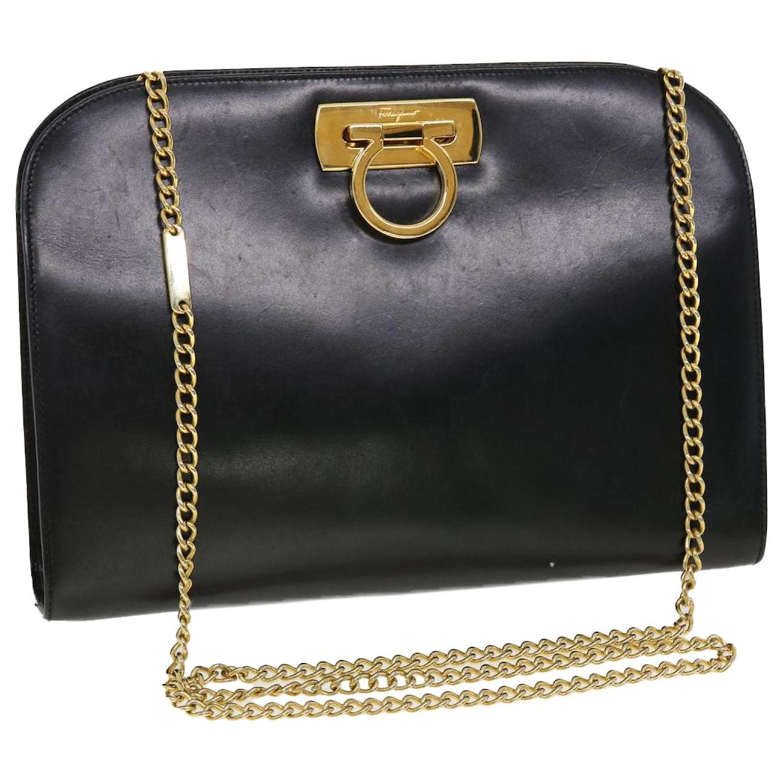 Salvatore Ferragamo Gancini Chain Black Gold Shoulder Bag