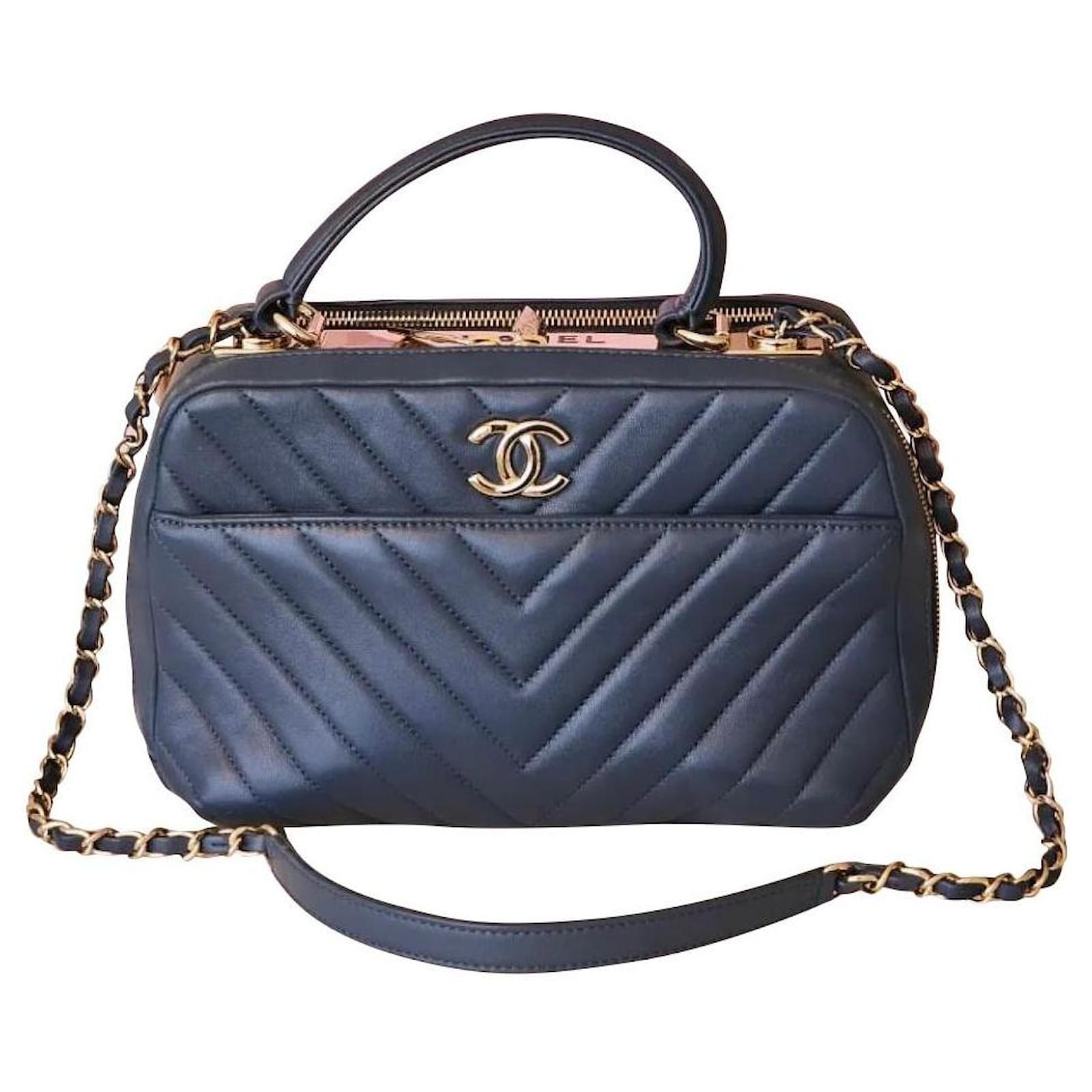 Chanel 2019 Medium Chevron Trendy CC bowling bag in Navy Blue with Gold  Hardware