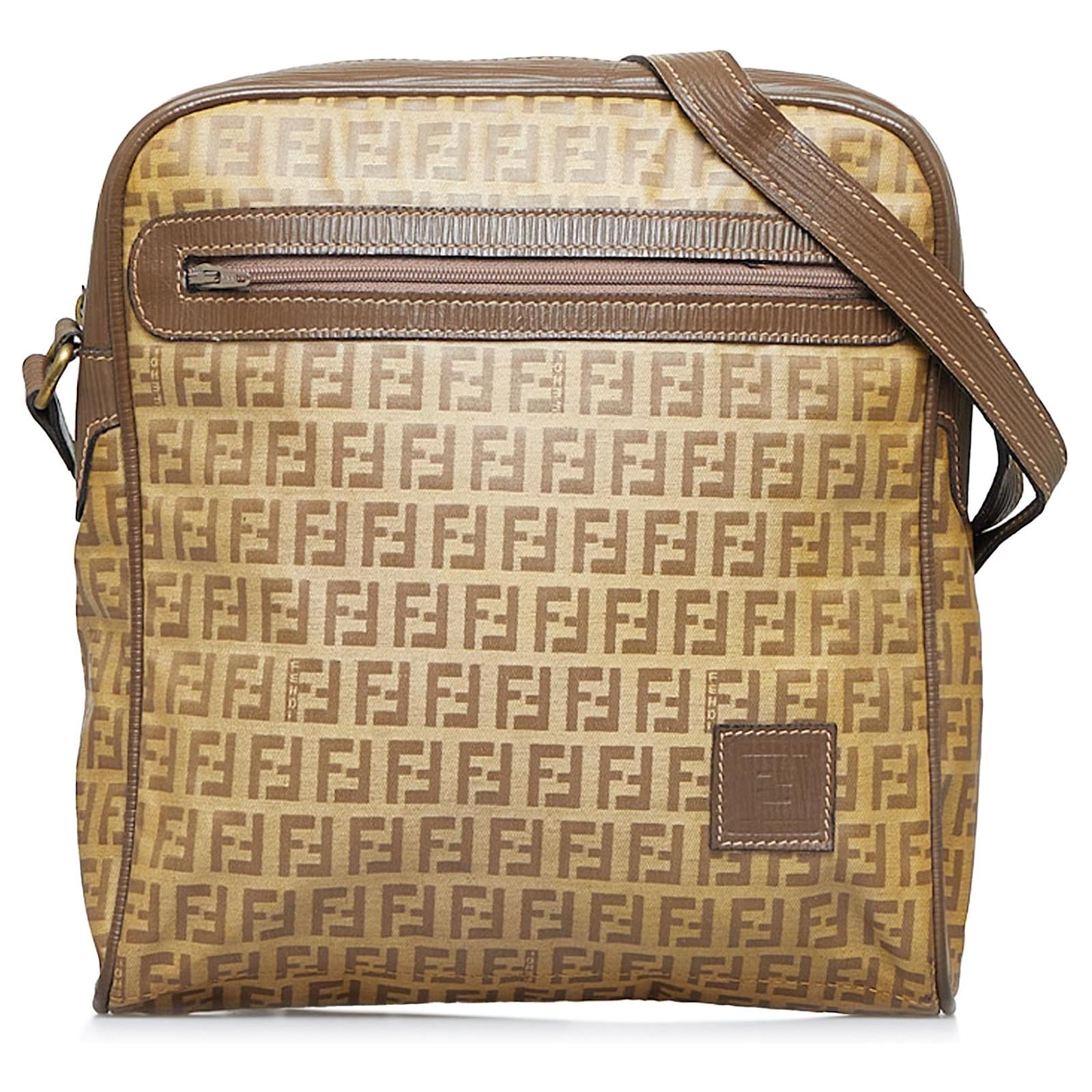 Fendi Brown Zucchino Crossbody Leather Cloth Pony-style calfskin Cloth  ref.951632 - Joli Closet