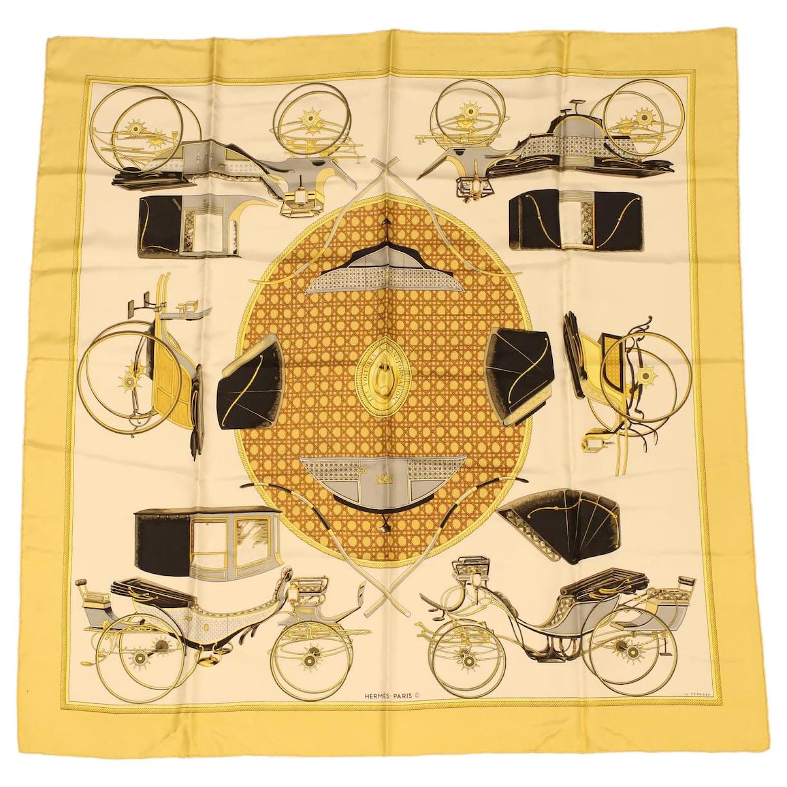 HERMES silk Carre 90 Voitures Exquises Elaborate carriage scarf yellow