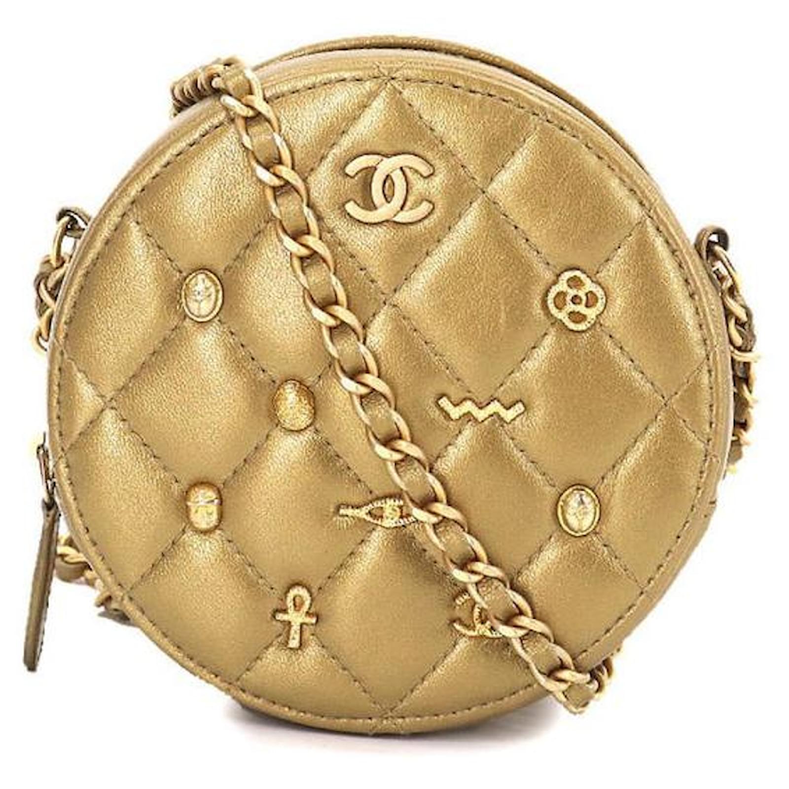 Chanel 19a, 2019 Fall Gold Leather Amulet Symbols Paris Egypt New York  Métiers De Arts Limited Edition Round Crossbody Bag. Like new In excellent  condition with box. Golden Gold hardware ref.915597 