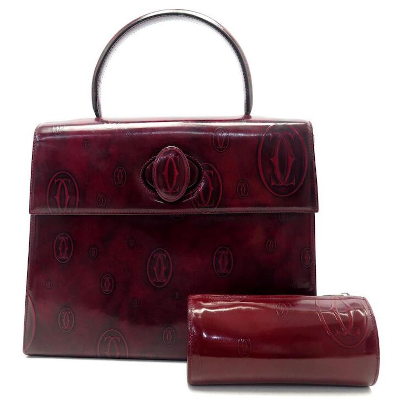 NEW VINTAGE CARTIER HAPPY BIRTHDAY BURGUNDY LEATHER HANDBAG + POUCH BAG