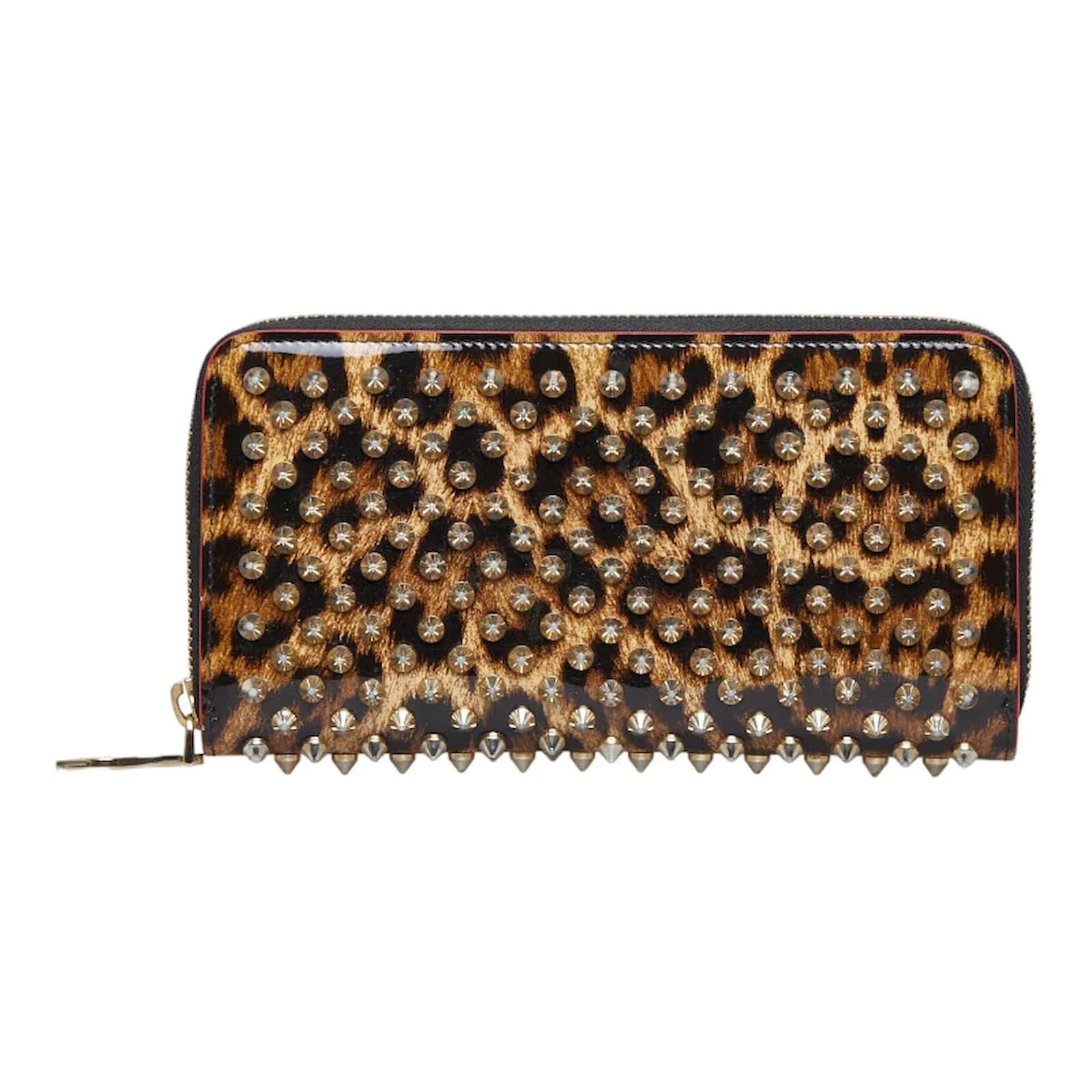 Christian Louboutin Panettone Spiked Leopard-Print Zip Wallet, Brown