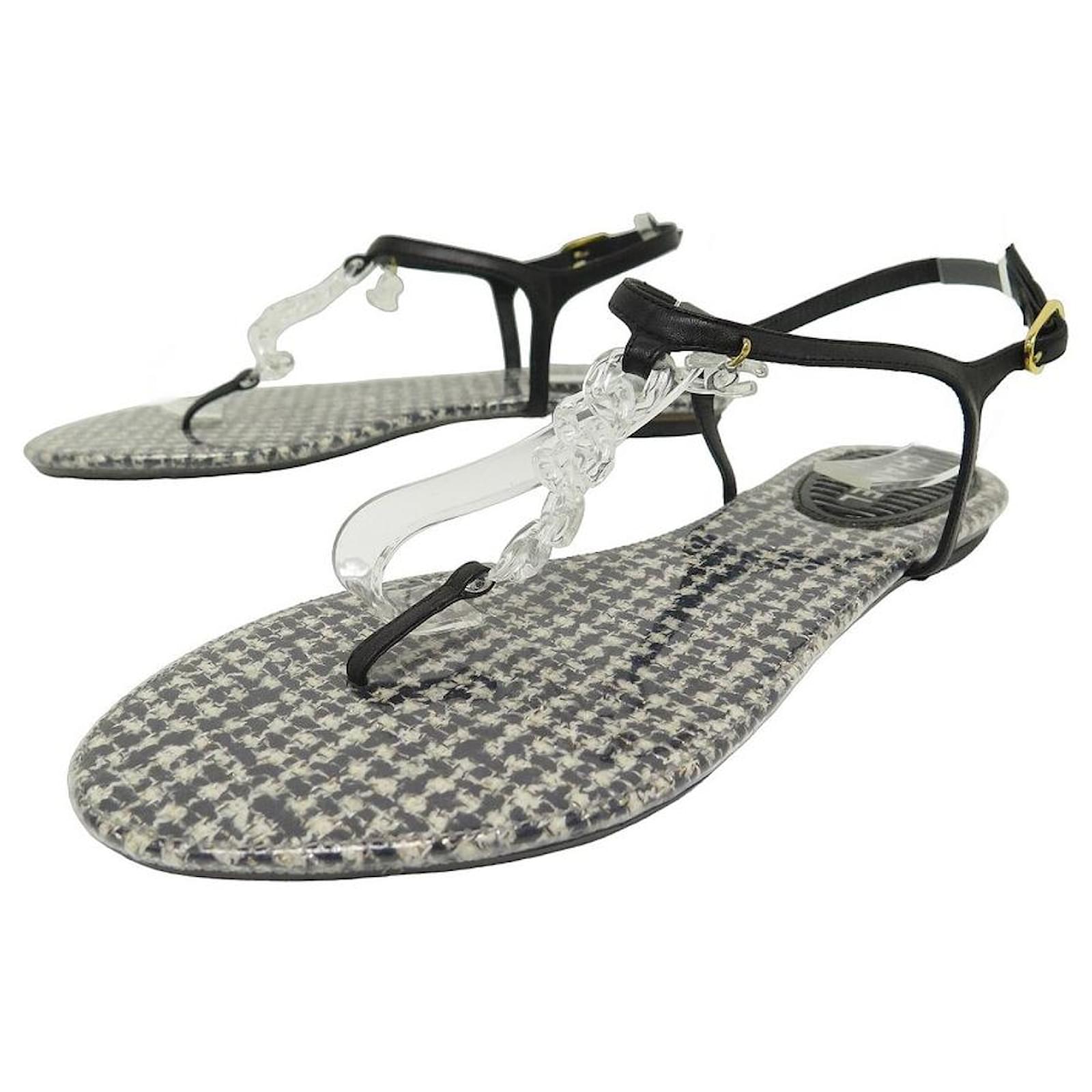 NEW CHANEL SHOES THONG CHAIN CC SANDALS 41 DECORS TWEED LEATHER SHOES  ref.916112 - Joli Closet