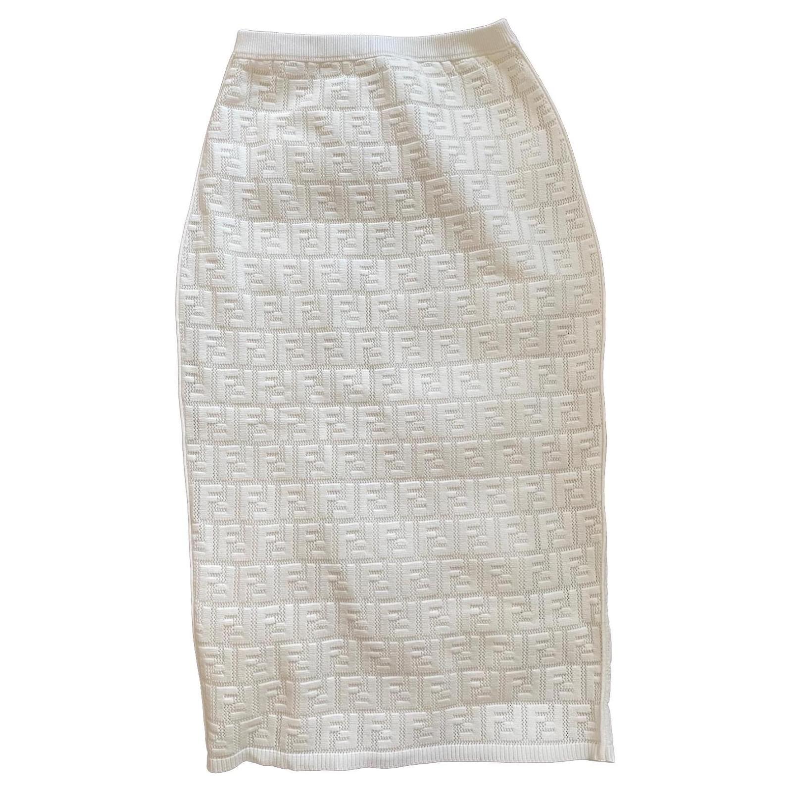 【送料&関税込】Fendi Viscose Ff Midi Skirt FENDI FF-logo midi skirt White Viscose ref.916877 - Joli Closet