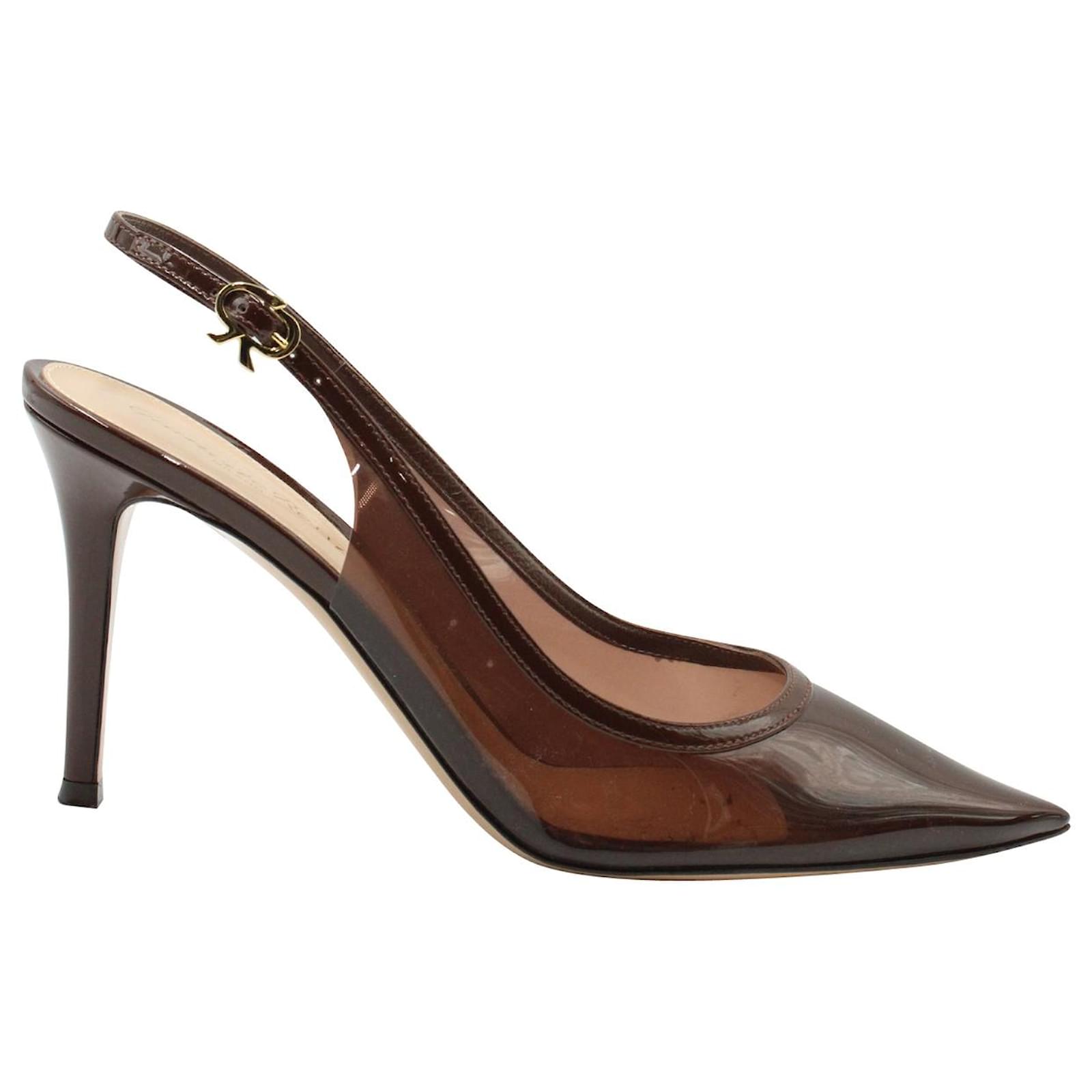Gianvito Rossi Plexi 85 Slingback Pumps in Brown Leather-Trimmed PVC ...