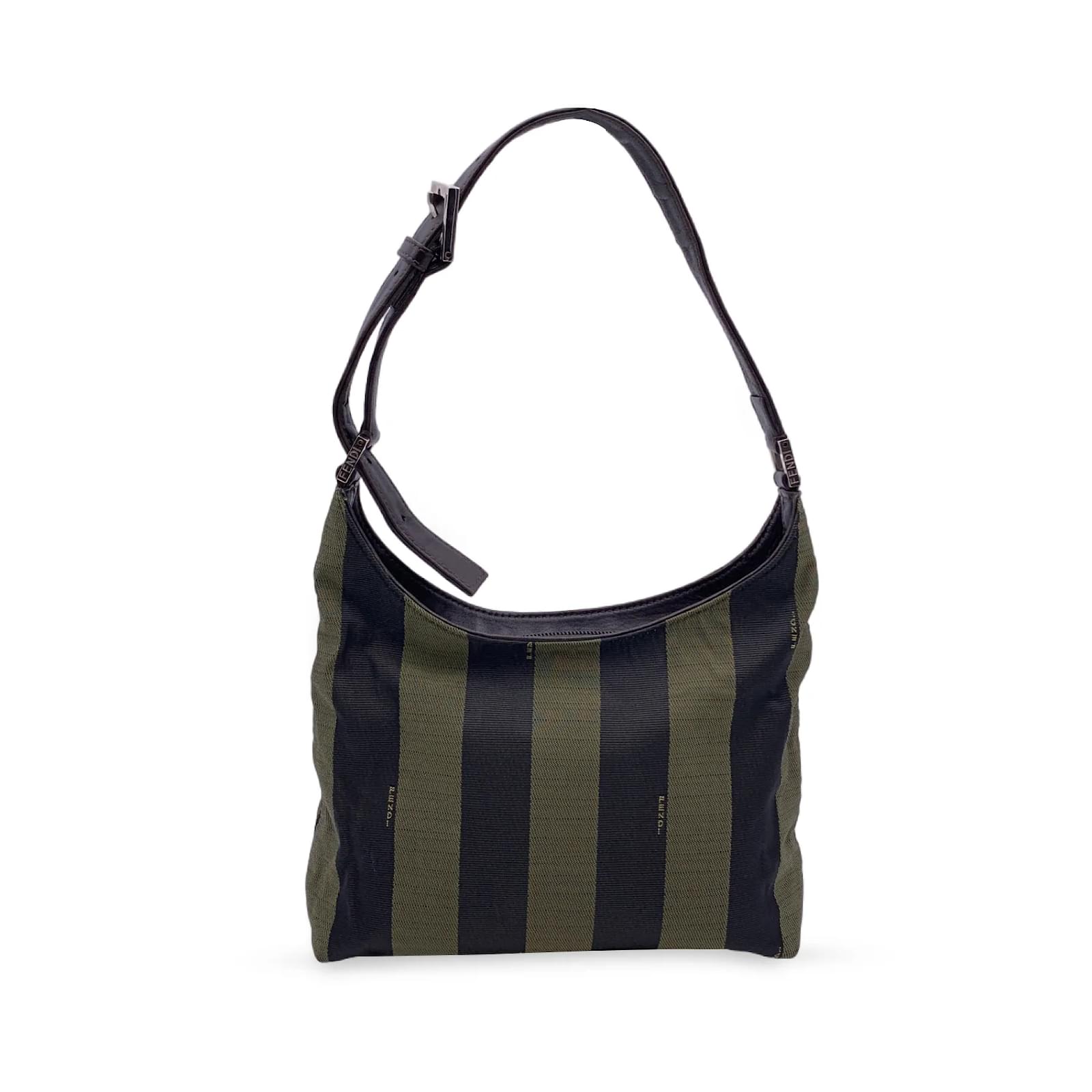 Authentic Fendi Vintage Black Canvas Striped Messenger Crossbody