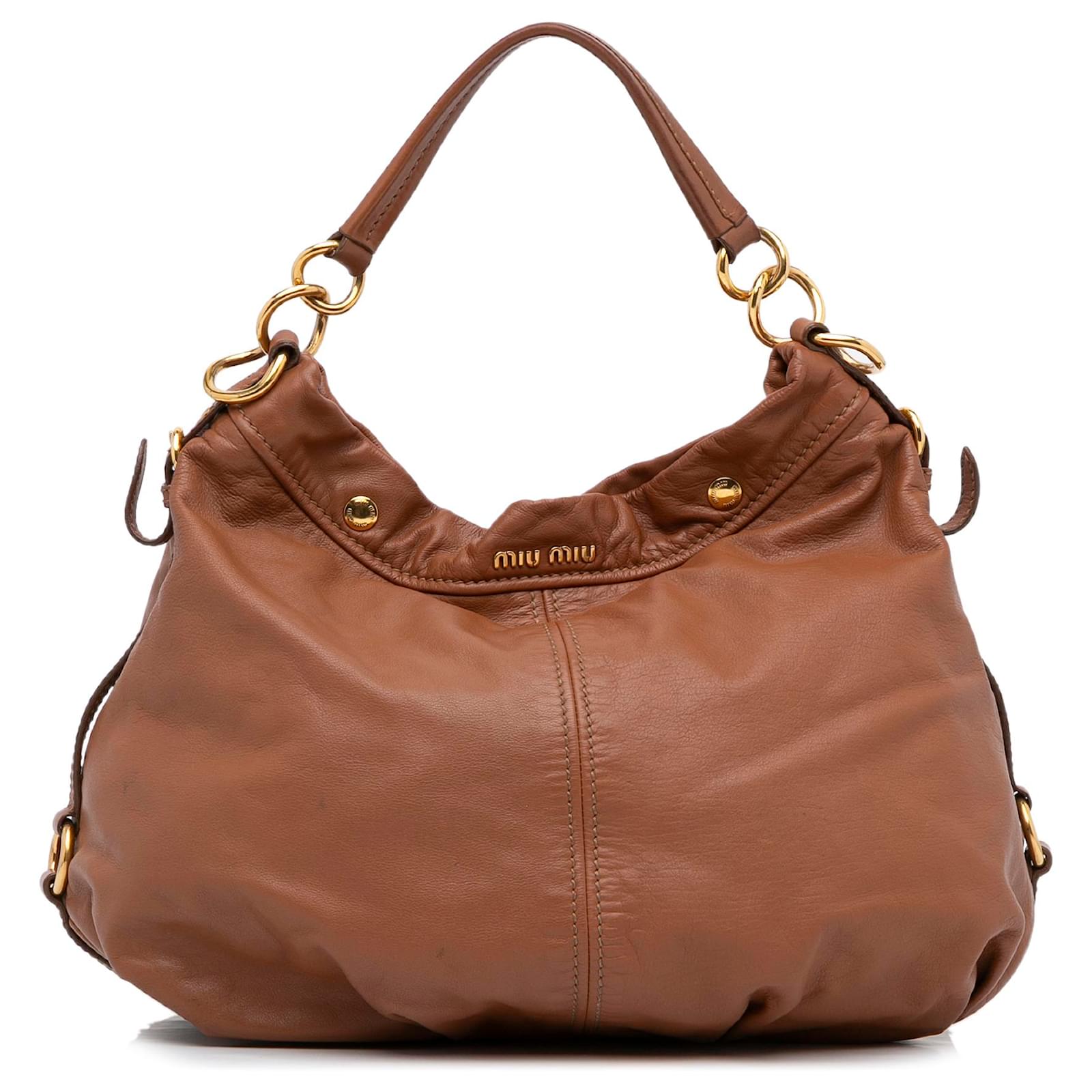 Miu Miu Brown Vitello Lux Leather Front Pocket Hobo Miu Miu