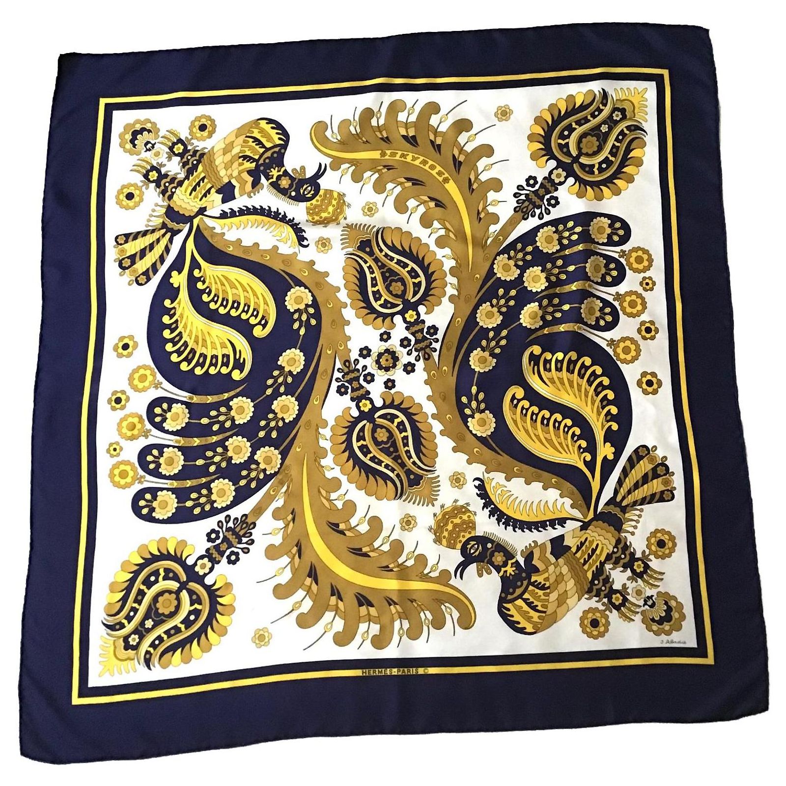 Foulard Hermès En Soie - Couleur Jaune Et Bleu - Occasion Très Bon état