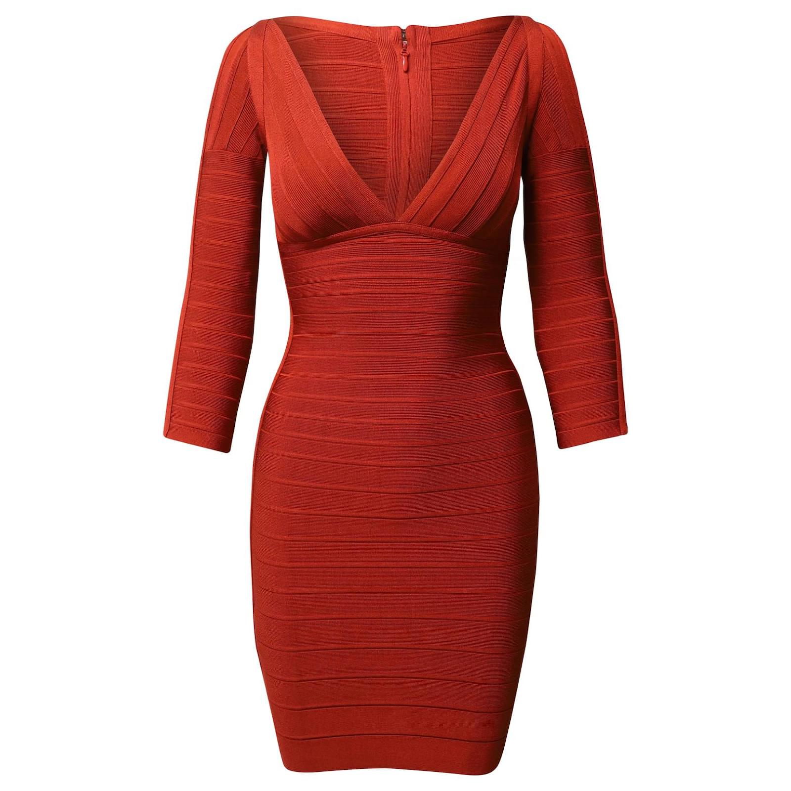 Herve Leger V-neck Bandage Dress in Red Rayon Cellulose fibre ref.JC922172  (Sold) - Joli Closet