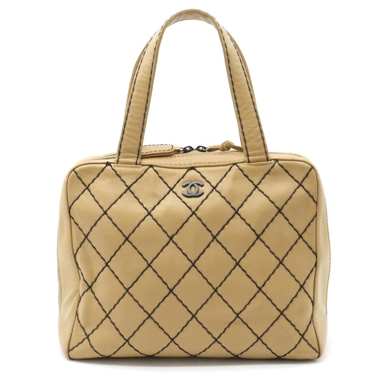 CHANEL Wild Stitch Handbag Boston Bag Leather Beige A14692