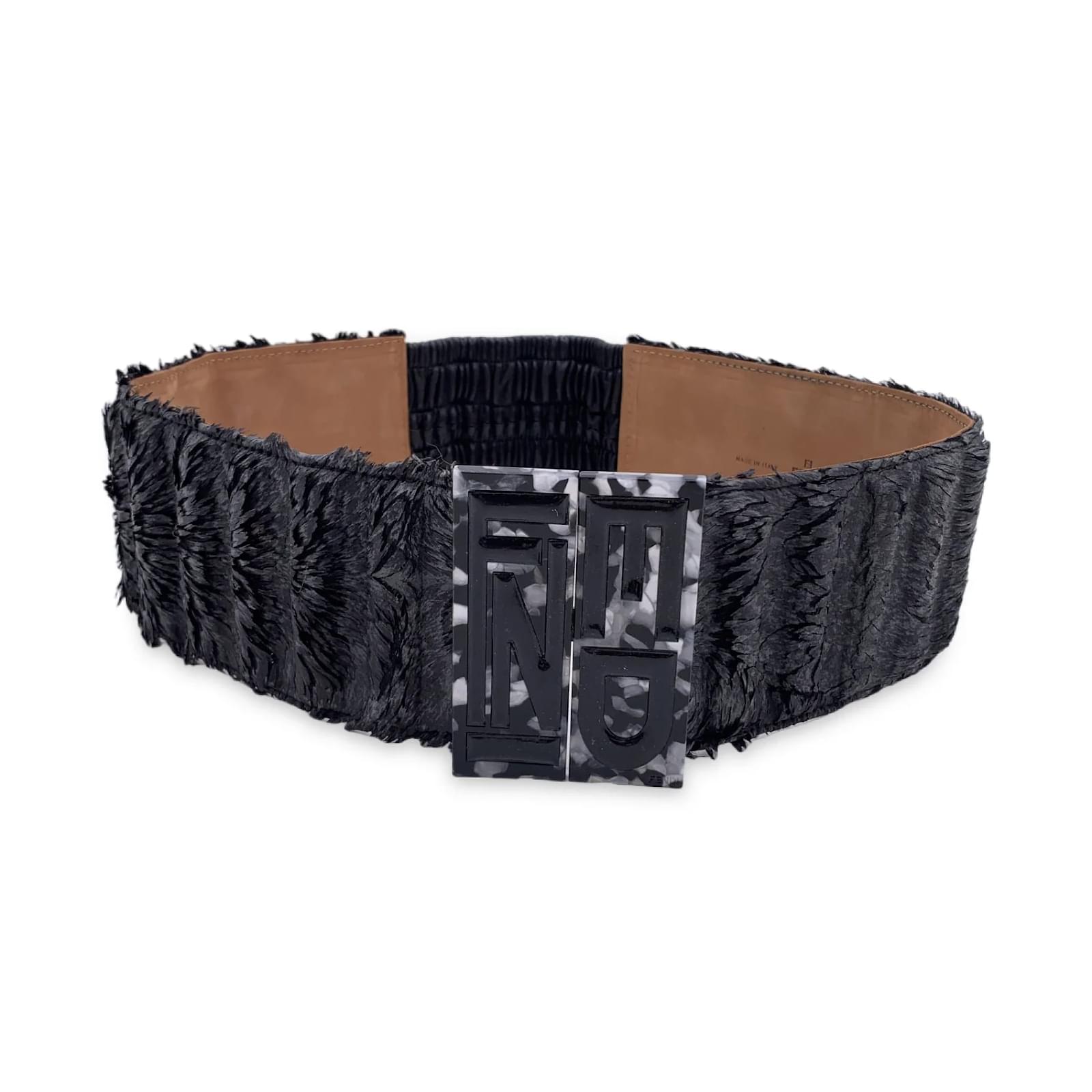 Fendi Black Bumped Leather Elastic Wide Belt Logo Buckle Size 75