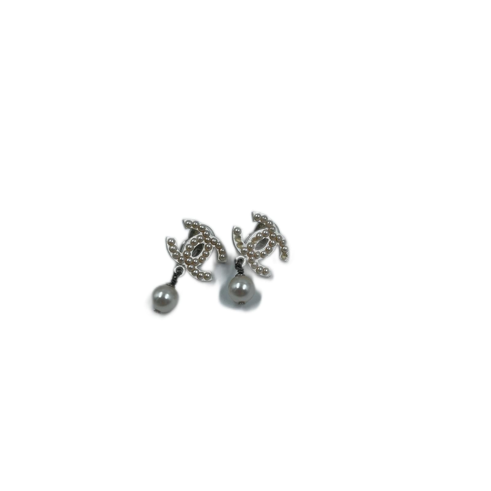 Chanel CC Logo Bow Earrings Crystal Silver Tone