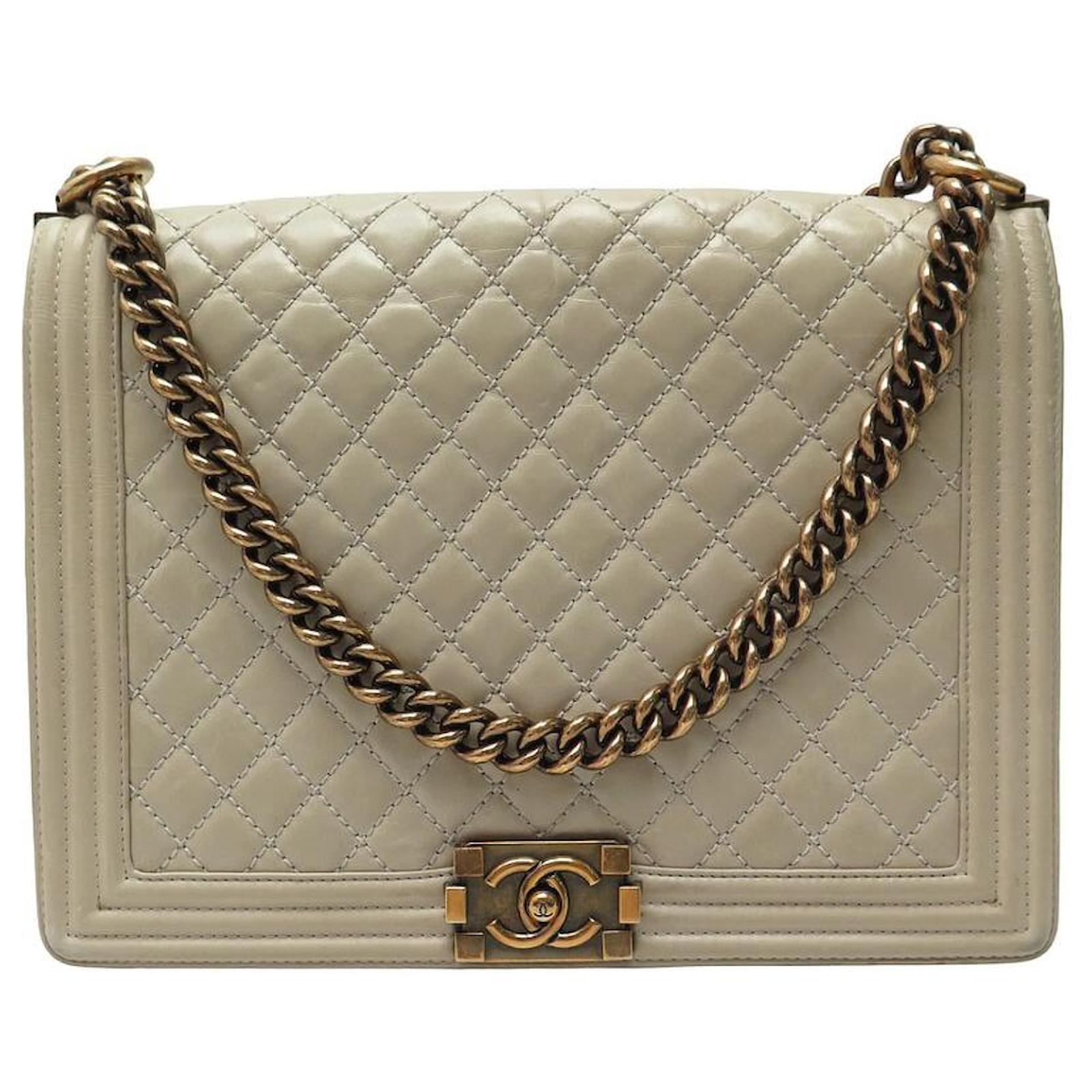CHANEL BOY MAXI JUMBO BEIGE QUILTED LEATHER BANDOULIERE HANDBAG