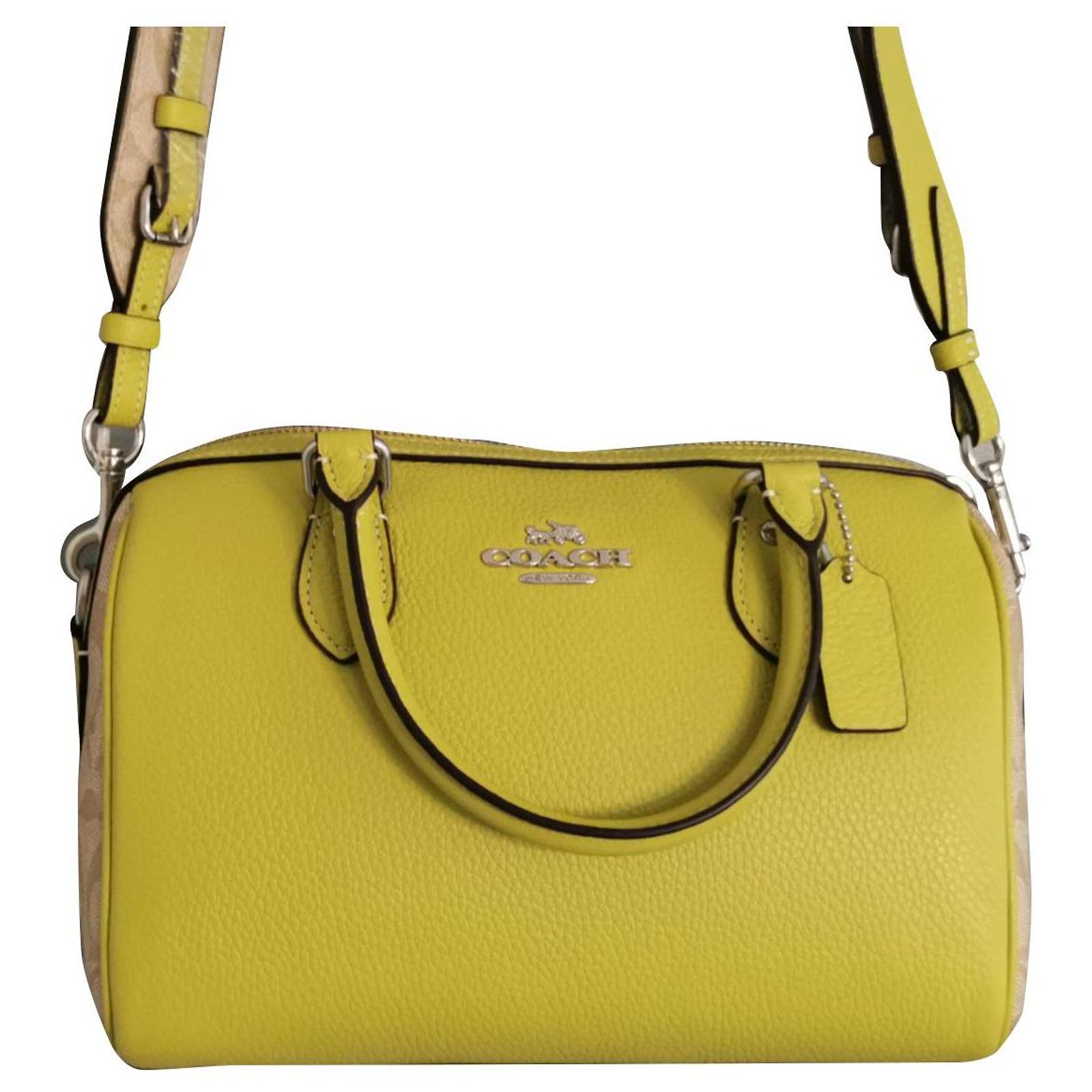 Coach Handbag Canvas and Grained Leather Green Khaki Beige Yellow