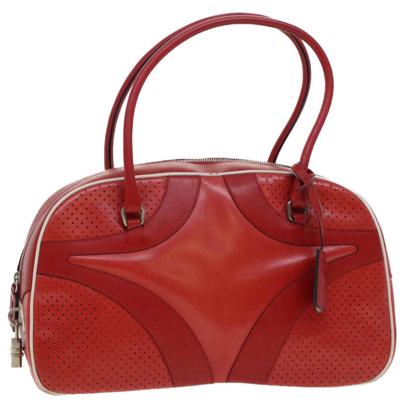 PRADA Punching Bowling Hand Bag Leather Red Auth 42438 ref 