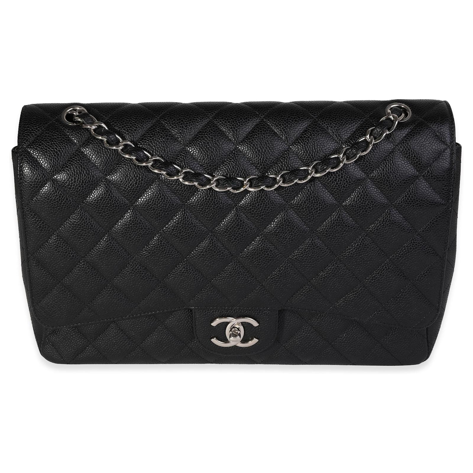 Chanel Quilted Black Caviar Leather Maxi Classic Silver Chain Flap Bag  922cas