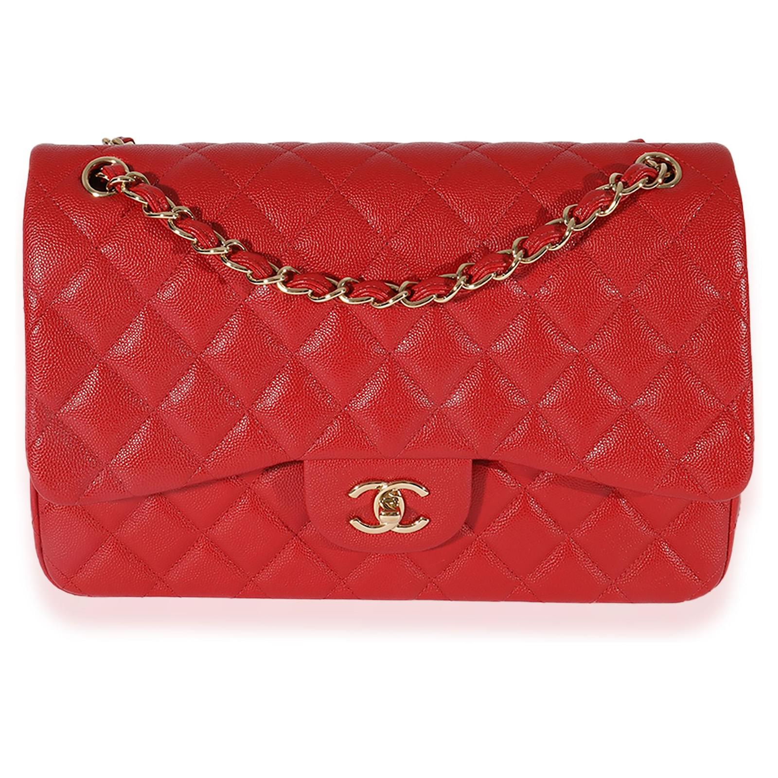 Timeless Chanel Red Quilted Caviar Jumbo Classic Double Flap Bag