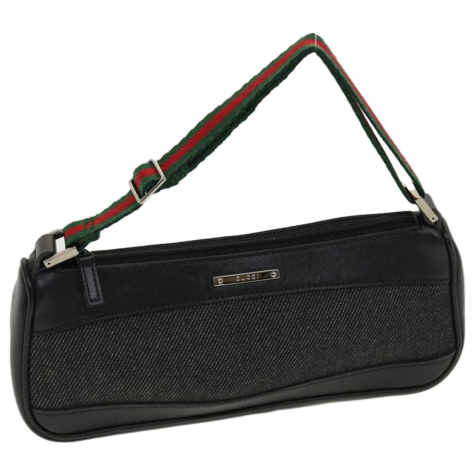 GUCCI Web Sherry Line Accessory Pouch Canvas Black Red Green Auth 