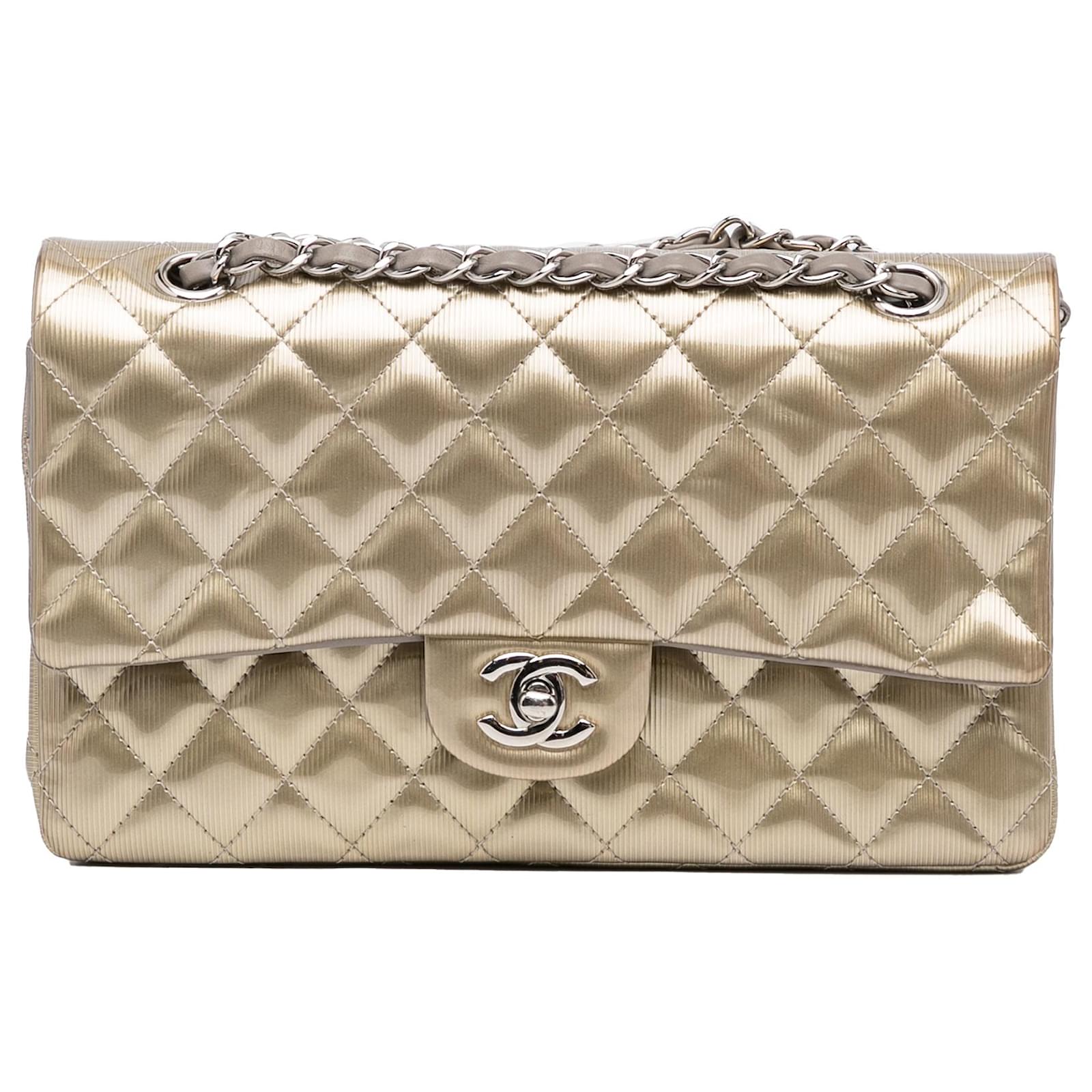 Chanel Gold Medium Classic Patent Double Flap Golden Leather